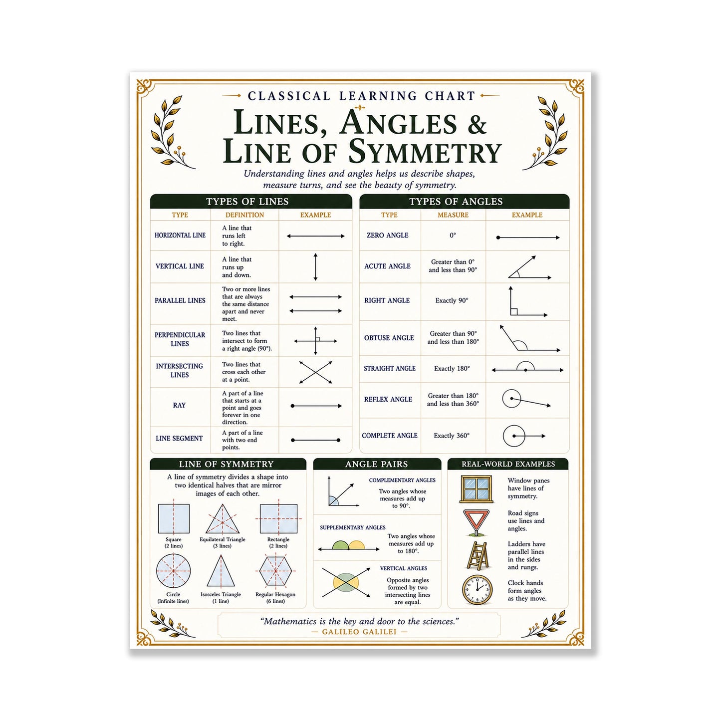 Lines Angles Symmetry Chart Wall Art Print, Classical Learning Poster, Math Teacher Classroom Reference, Homeschool, Elementary Room Decor