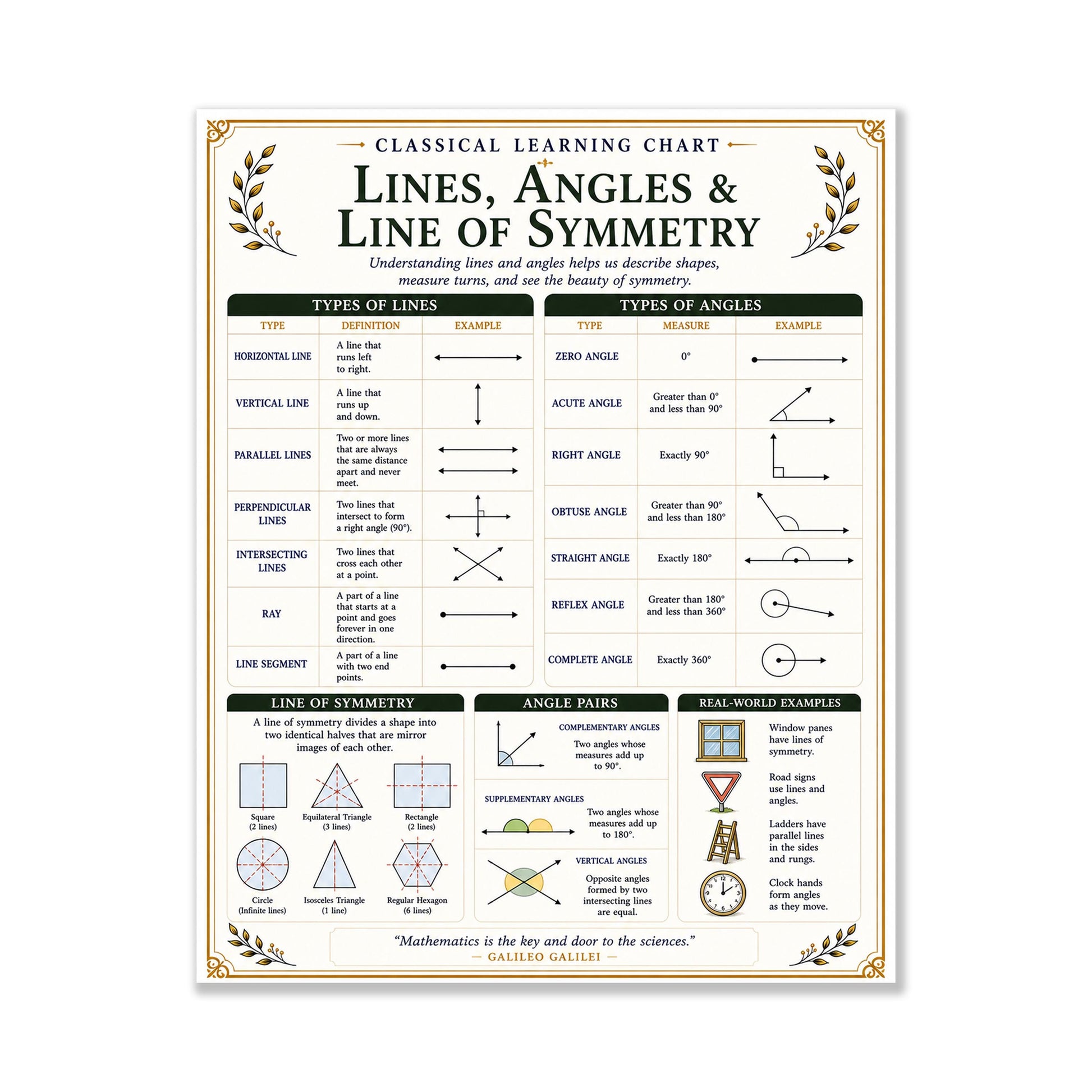 Lines Angles Symmetry Chart Wall Art Print, Classical Learning Poster, Math Teacher Classroom Reference, Homeschool, Elementary Room Decor