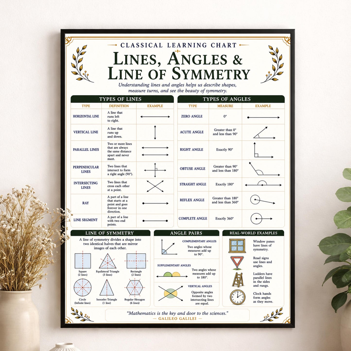 Lines Angles Symmetry Chart Wall Art Print, Classical Learning Poster, Math Teacher Classroom Reference, Homeschool, Elementary Room Decor