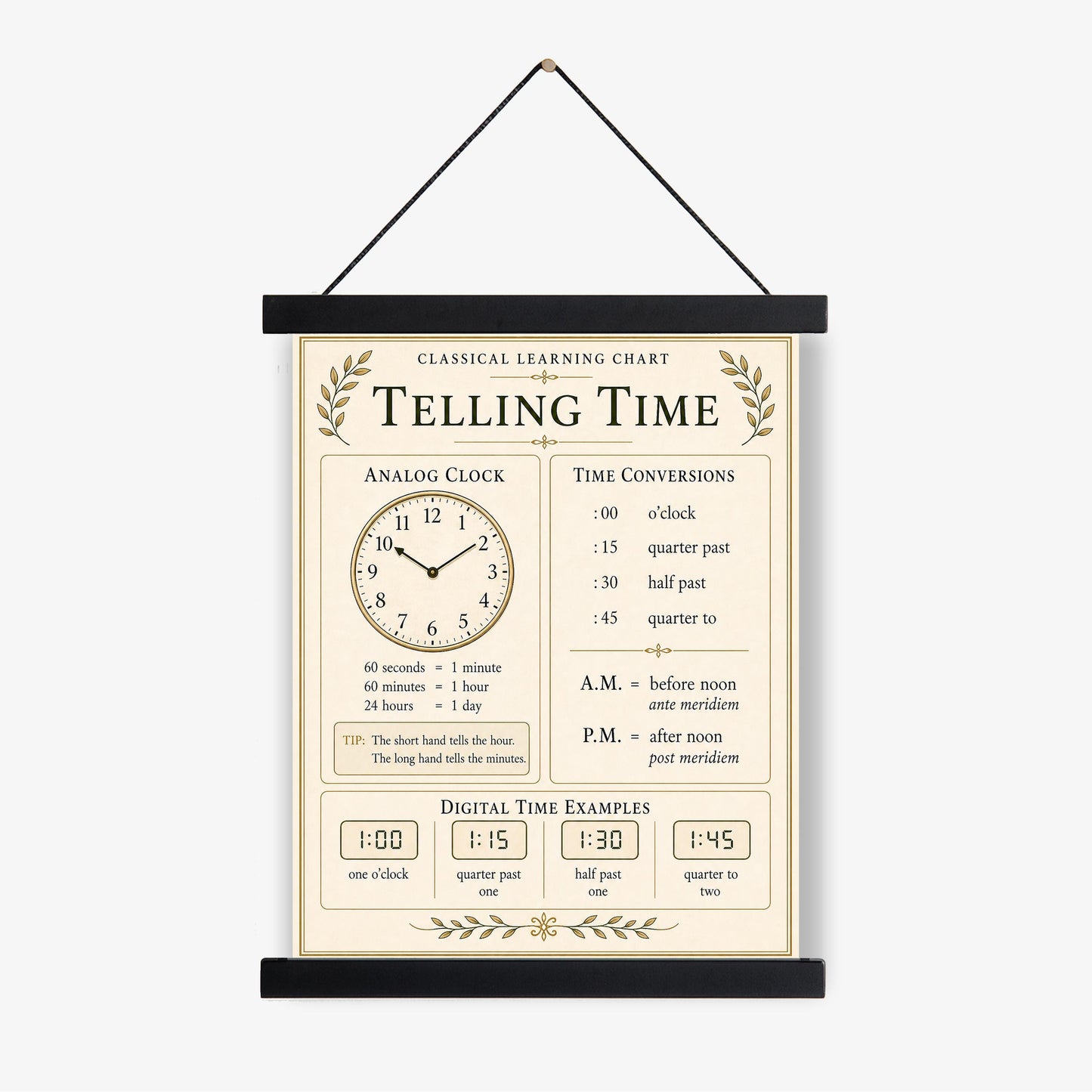 Telling Time Chart Wall Art Print, Classical Learning Poster, Math Teacher Classroom Reference, Homeschool, Clock Kids Room Decor