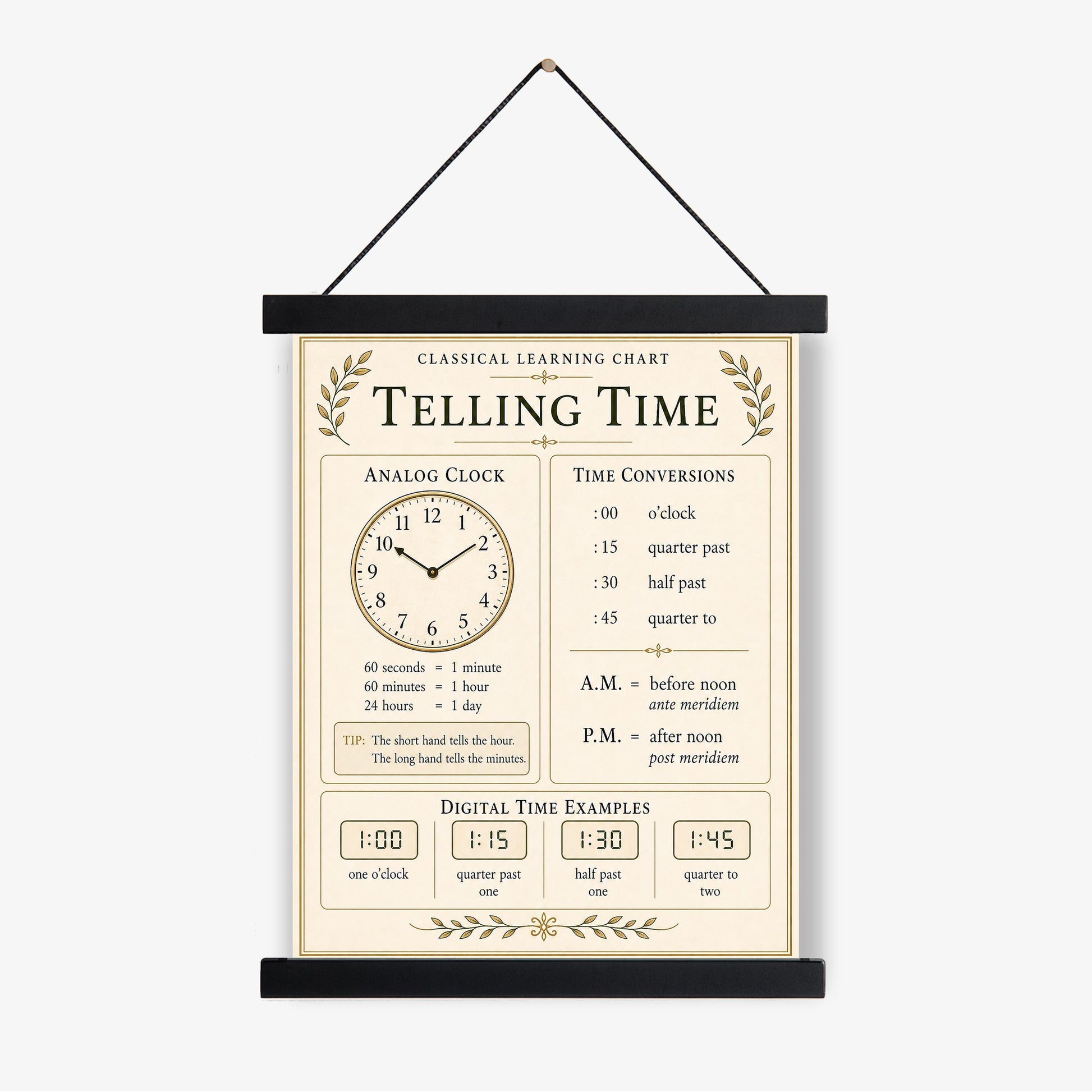 Telling Time Chart Wall Art Print, Classical Learning Poster, Math Teacher Classroom Reference, Homeschool, Clock Kids Room Decor