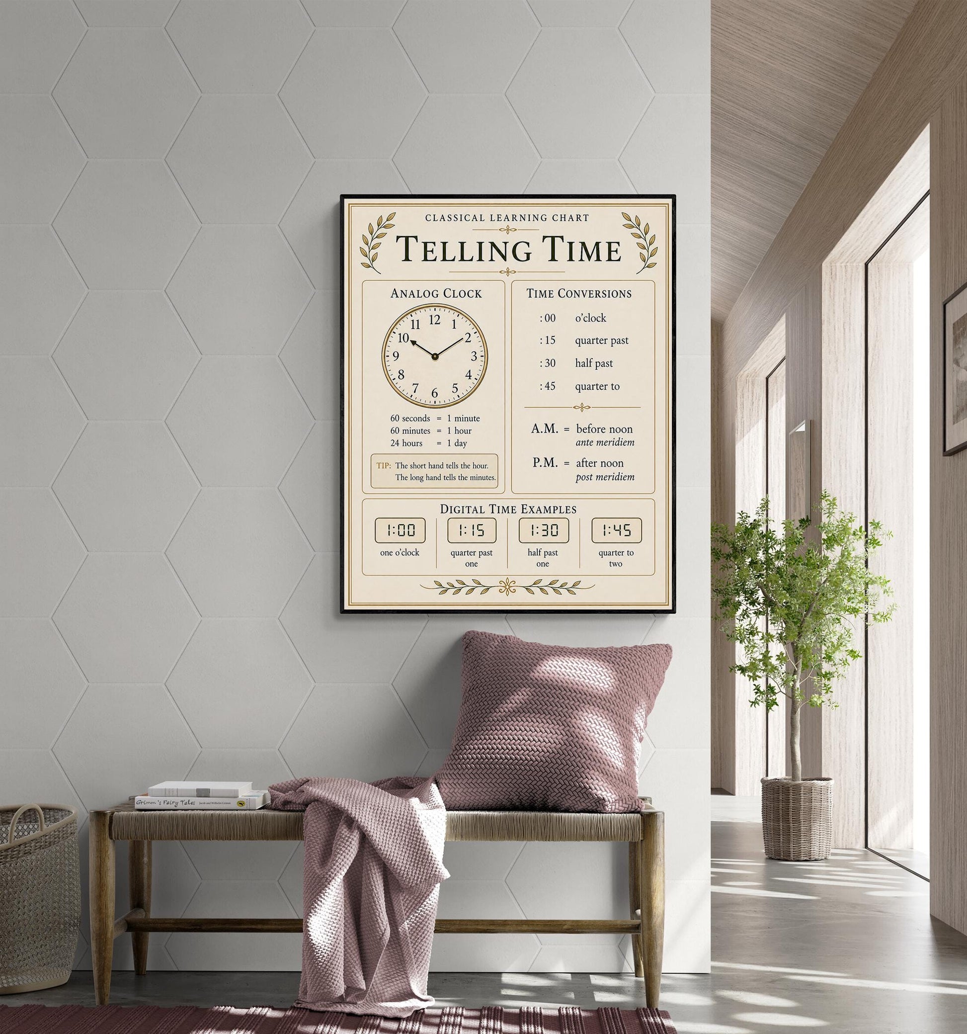 Telling Time Chart Wall Art Print, Classical Learning Poster, Math Teacher Classroom Reference, Homeschool, Clock Kids Room Decor
