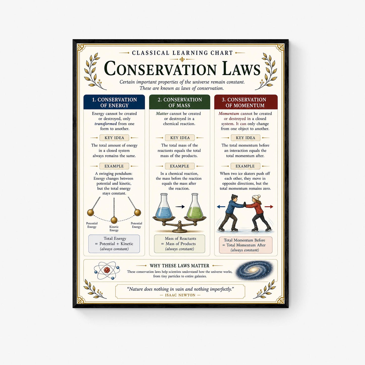 Conservation Laws Chart Wall Art Print, Classical Learning Poster, STEM Teacher Classroom Reference, Homeschool, Science Physics Room Decor