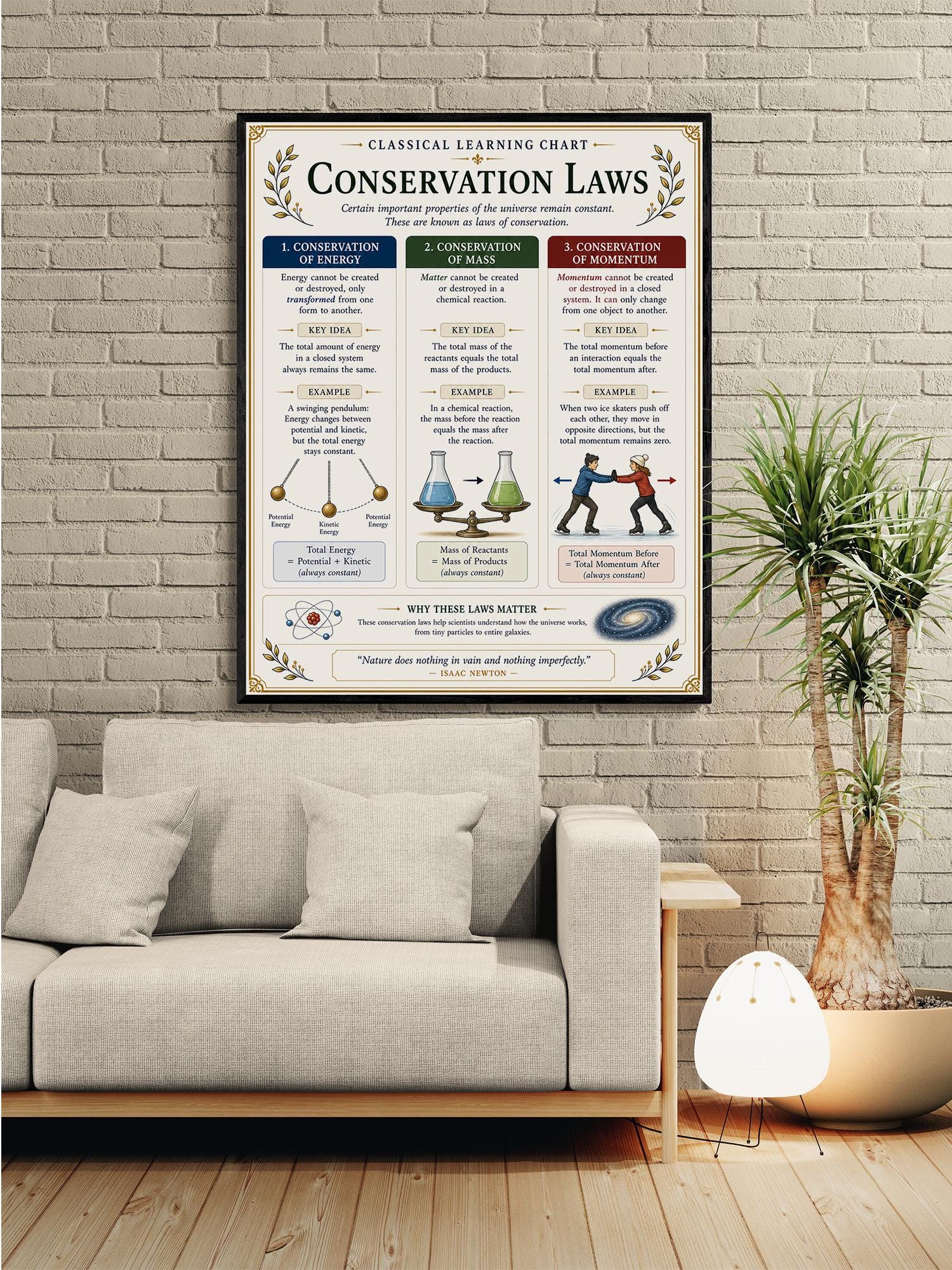 Conservation Laws Chart Wall Art Print, Classical Learning Poster, STEM Teacher Classroom Reference, Homeschool, Science Physics Room Decor
