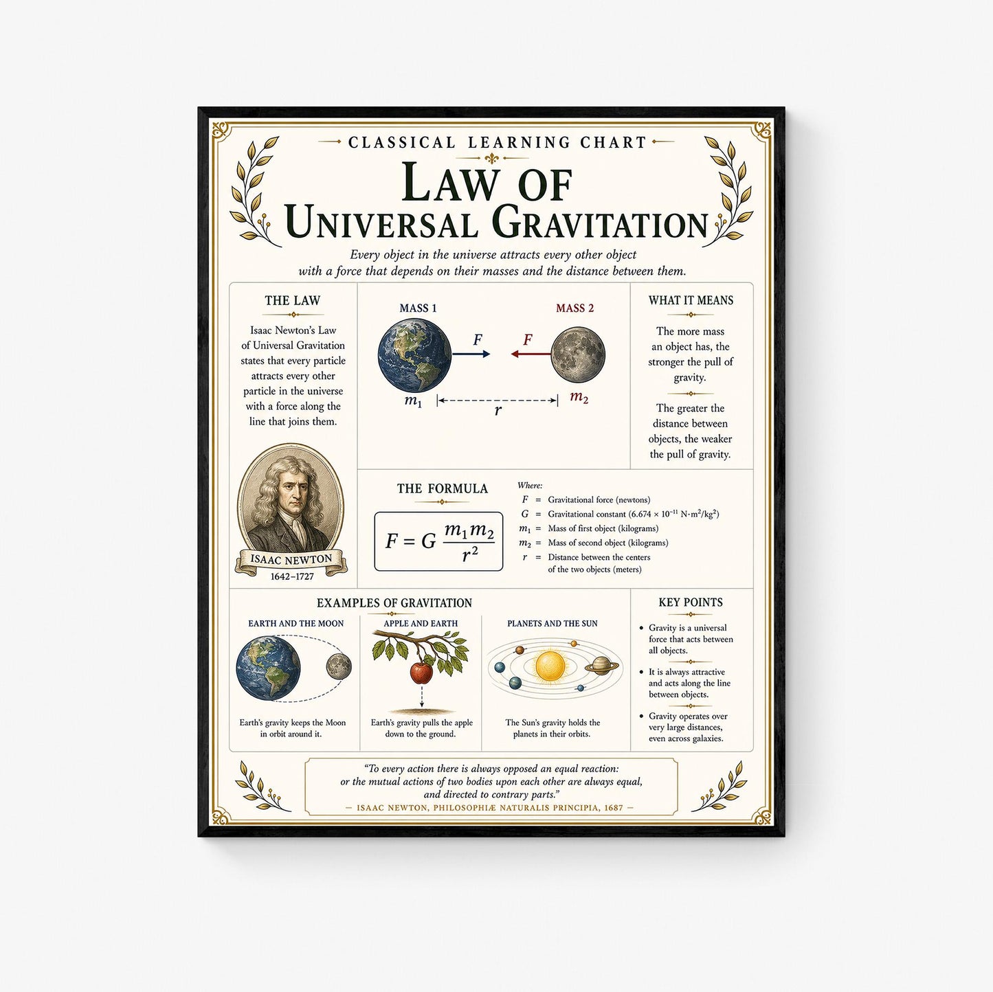 Law of Universal Gravitation Chart Wall Art Print, Classical Learning Poster, Teacher Classroom Reference, Homeschool, Science Room Decor