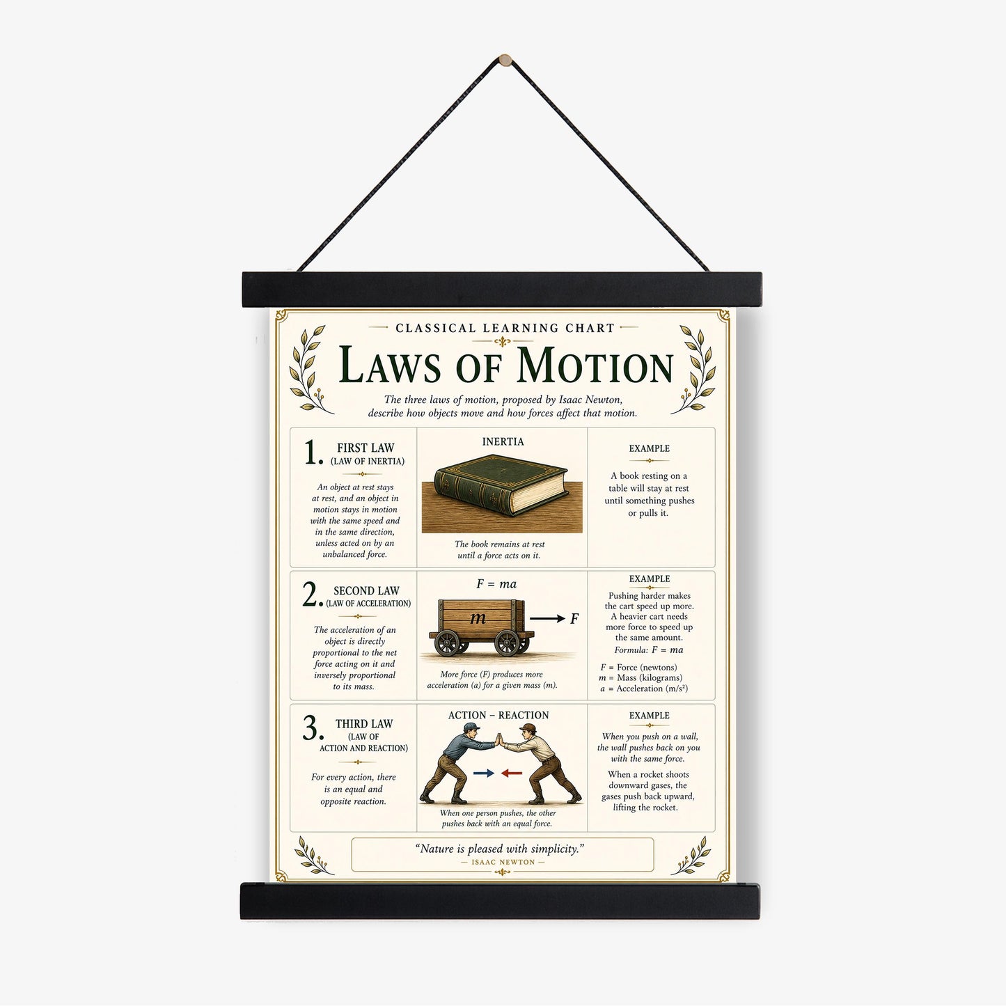 Newton’s Laws of Motion Chart Wall Art Print, Classical Learning Poster, STEM Teacher Classroom Reference, Homeschool, Science Room Decor