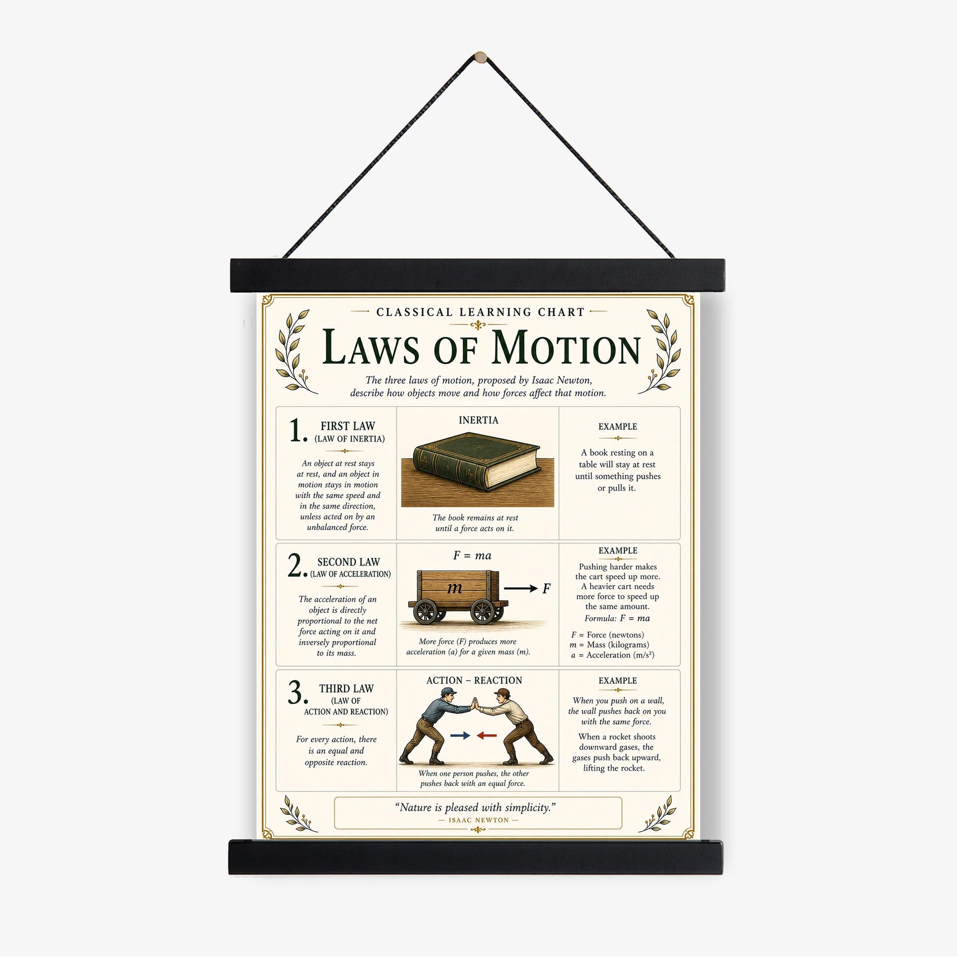 Newton’s Laws of Motion Chart Wall Art Print, Classical Learning Poster, STEM Teacher Classroom Reference, Homeschool, Science Room Decor