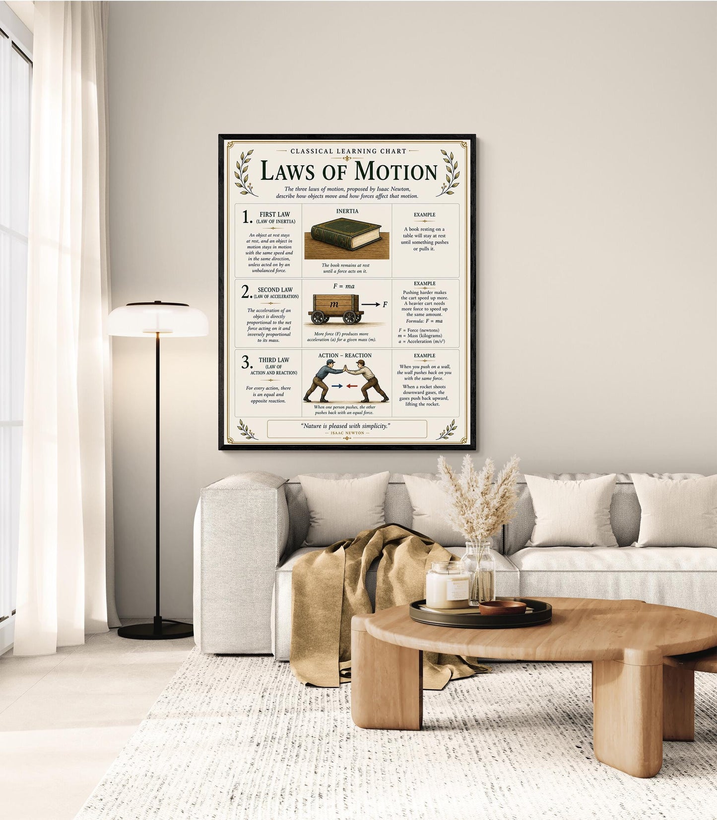 Newton’s Laws of Motion Chart Wall Art Print, Classical Learning Poster, STEM Teacher Classroom Reference, Homeschool, Science Room Decor