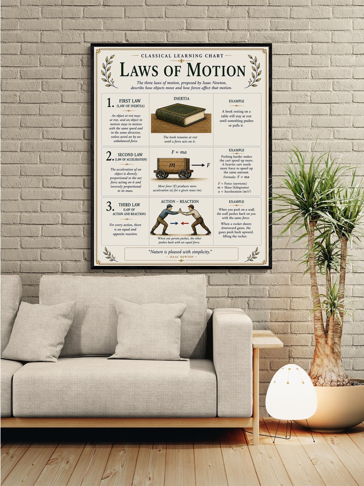 Newton’s Laws of Motion Chart Wall Art Print, Classical Learning Poster, STEM Teacher Classroom Reference, Homeschool, Science Room Decor