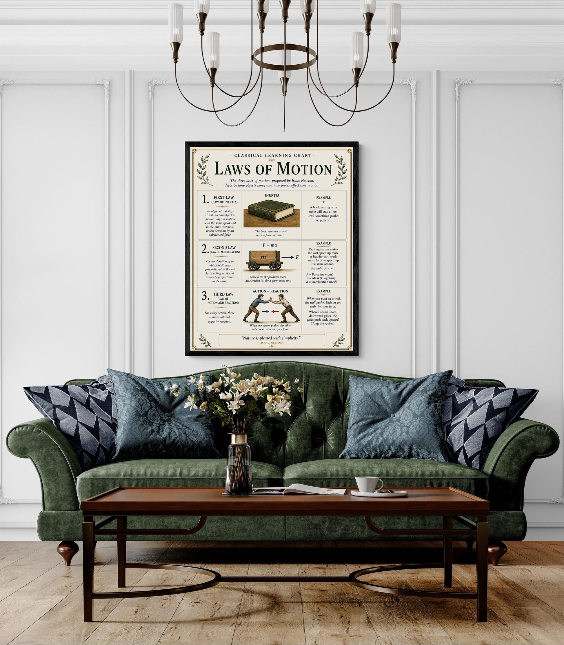 Newton’s Laws of Motion Chart Wall Art Print, Classical Learning Poster, STEM Teacher Classroom Reference, Homeschool, Science Room Decor