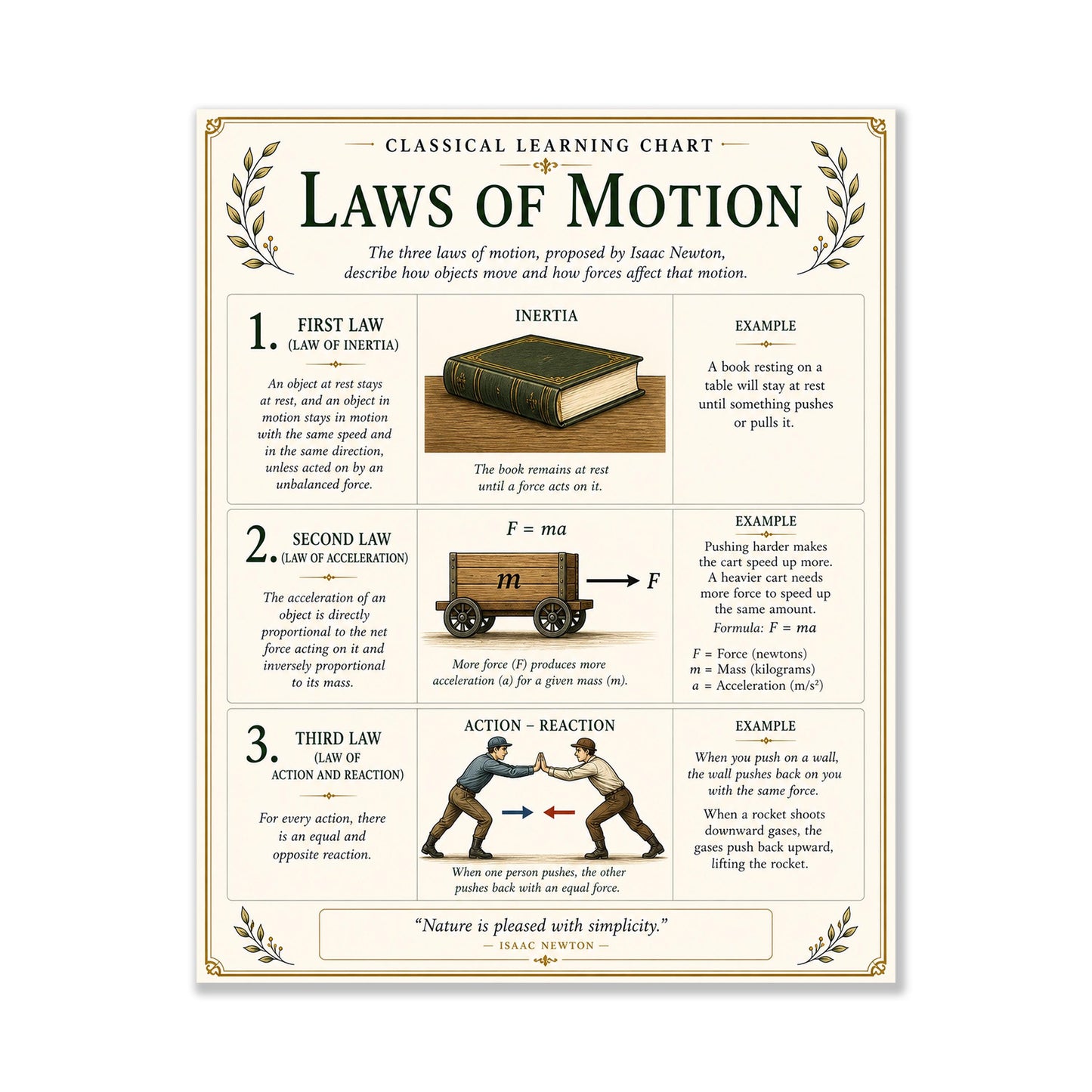 Newton’s Laws of Motion Chart Wall Art Print, Classical Learning Poster, STEM Teacher Classroom Reference, Homeschool, Science Room Decor