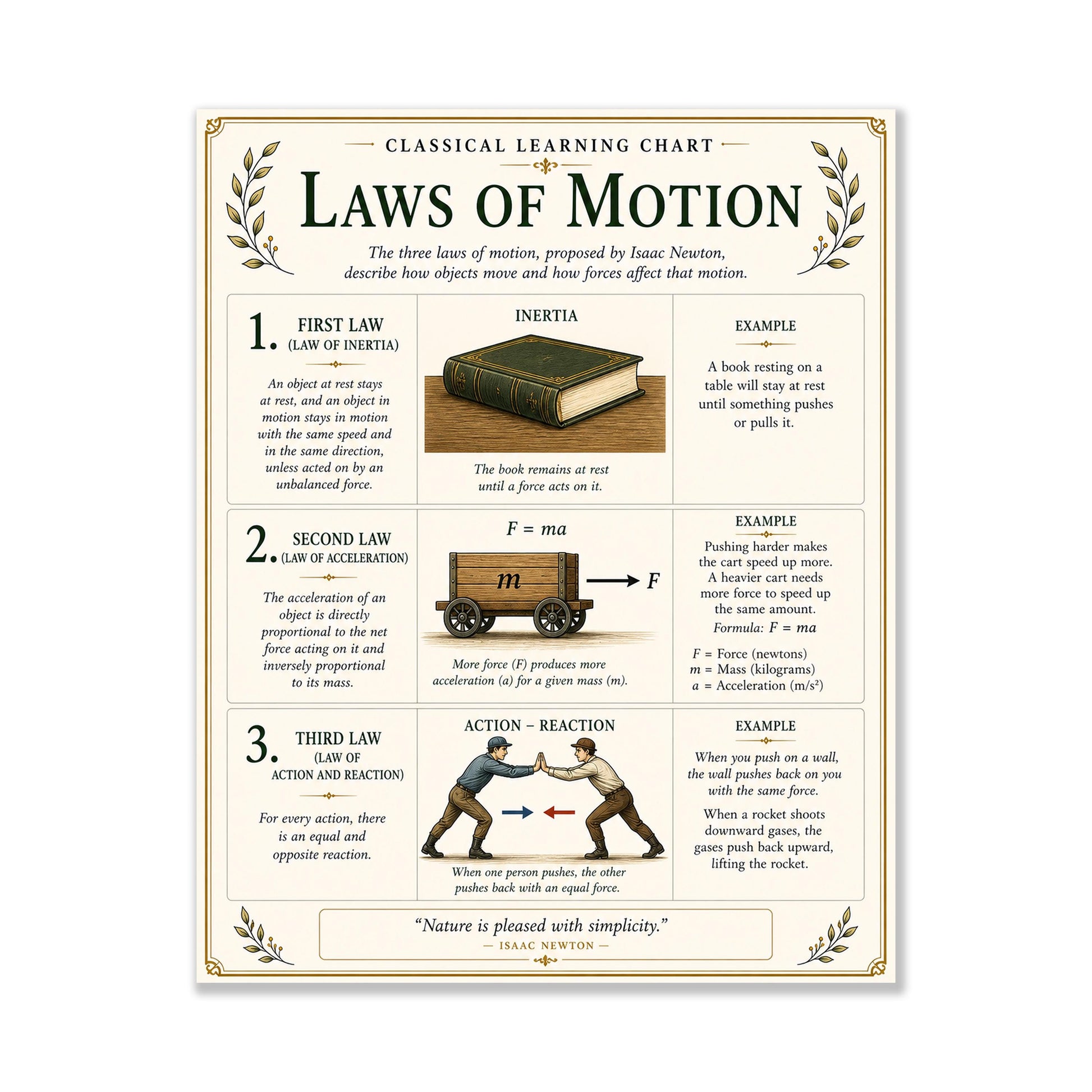 Newton’s Laws of Motion Chart Wall Art Print, Classical Learning Poster, STEM Teacher Classroom Reference, Homeschool, Science Room Decor