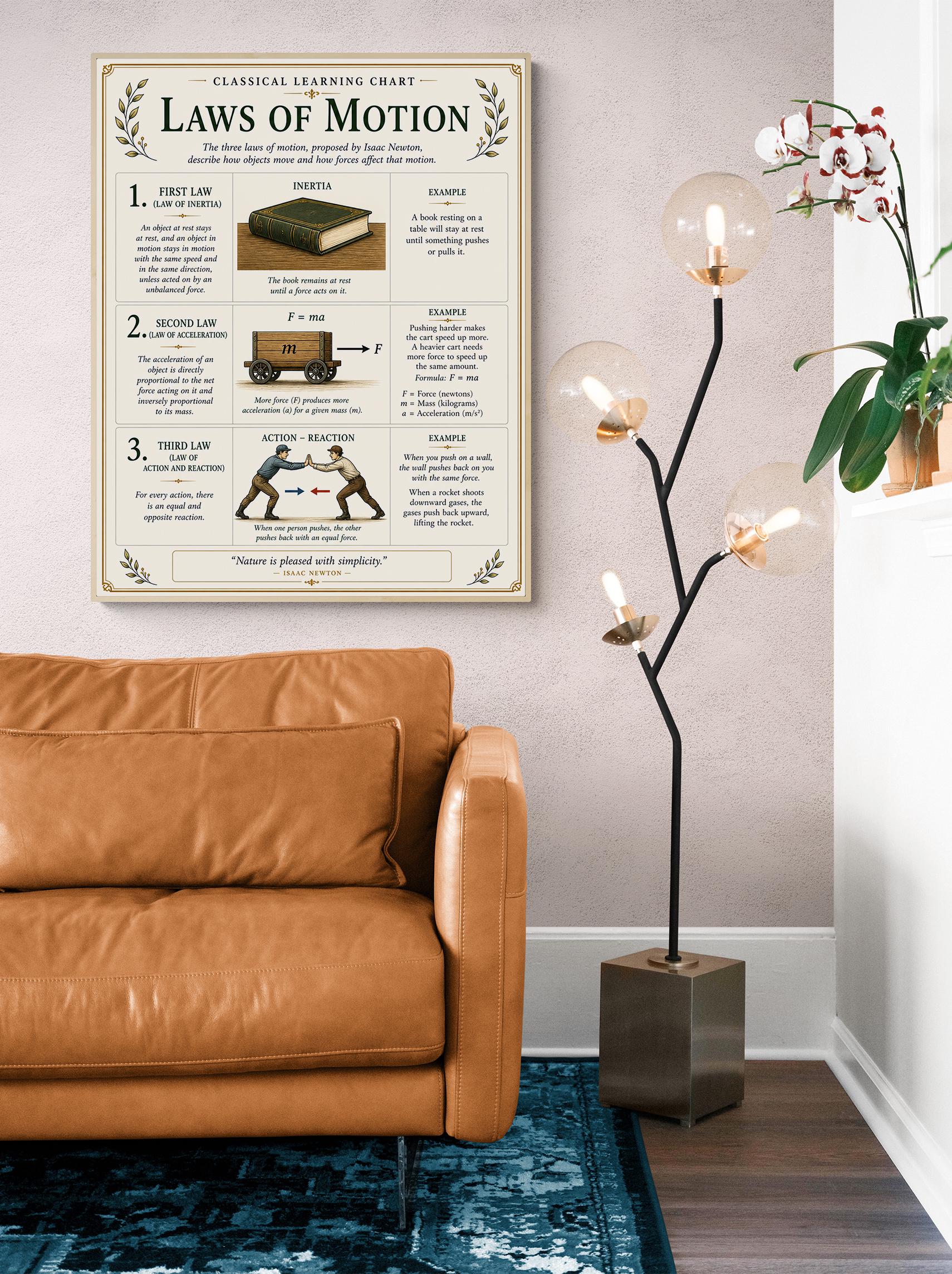 Newton’s Laws of Motion Chart Wall Art Print, Classical Learning Poster, STEM Teacher Classroom Reference, Homeschool, Science Room Decor