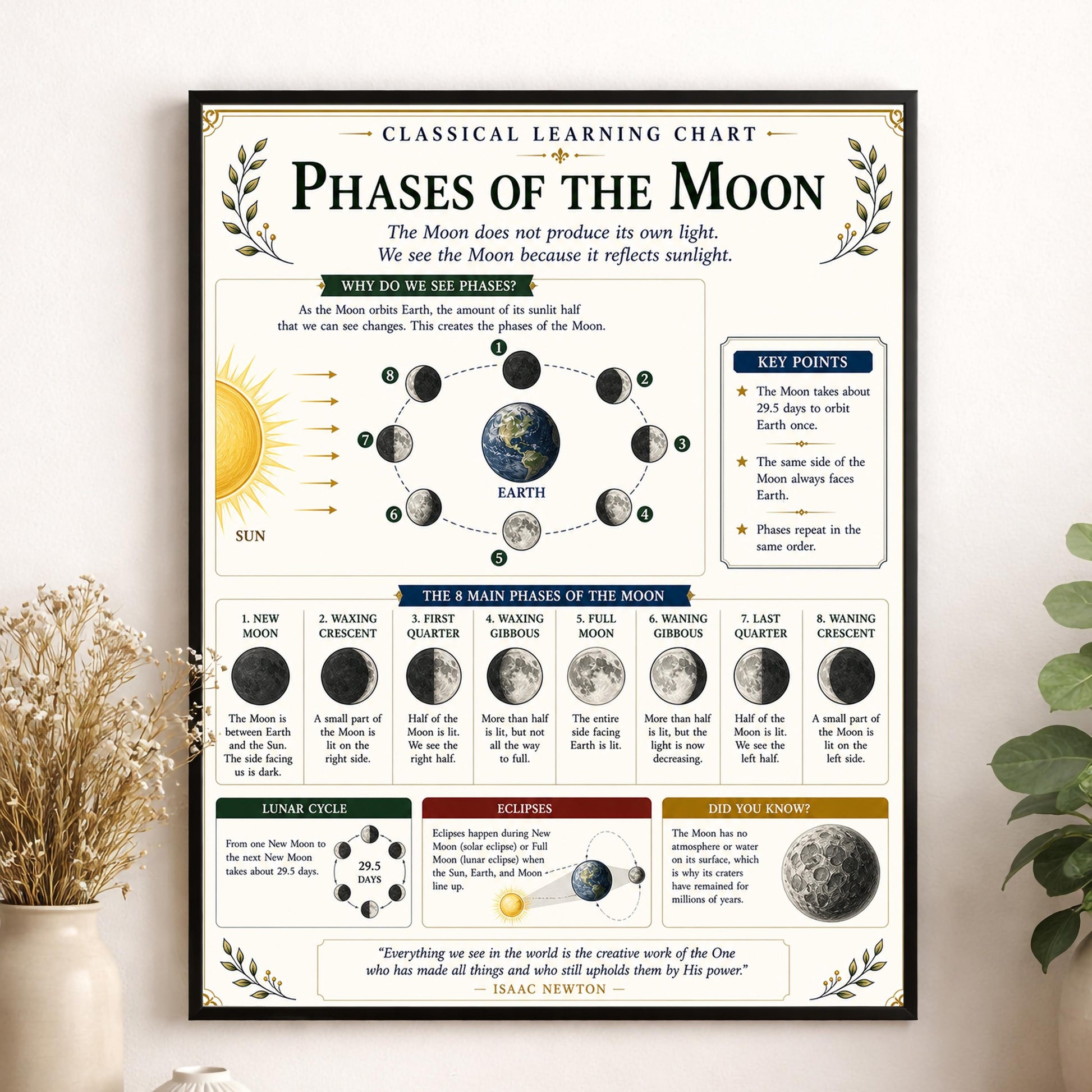 Phases of the Moon Astronomy Chart Wall Art Print, Classical Learning Poster, Teacher Classroom Reference, Homeschool, Science Room Decor