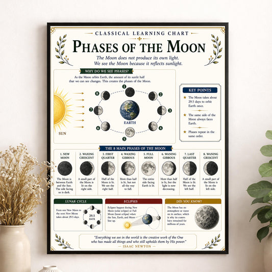Phases of the Moon Astronomy Chart Wall Art Print, Classical Learning Poster, Teacher Classroom Reference, Homeschool, Science Room Decor