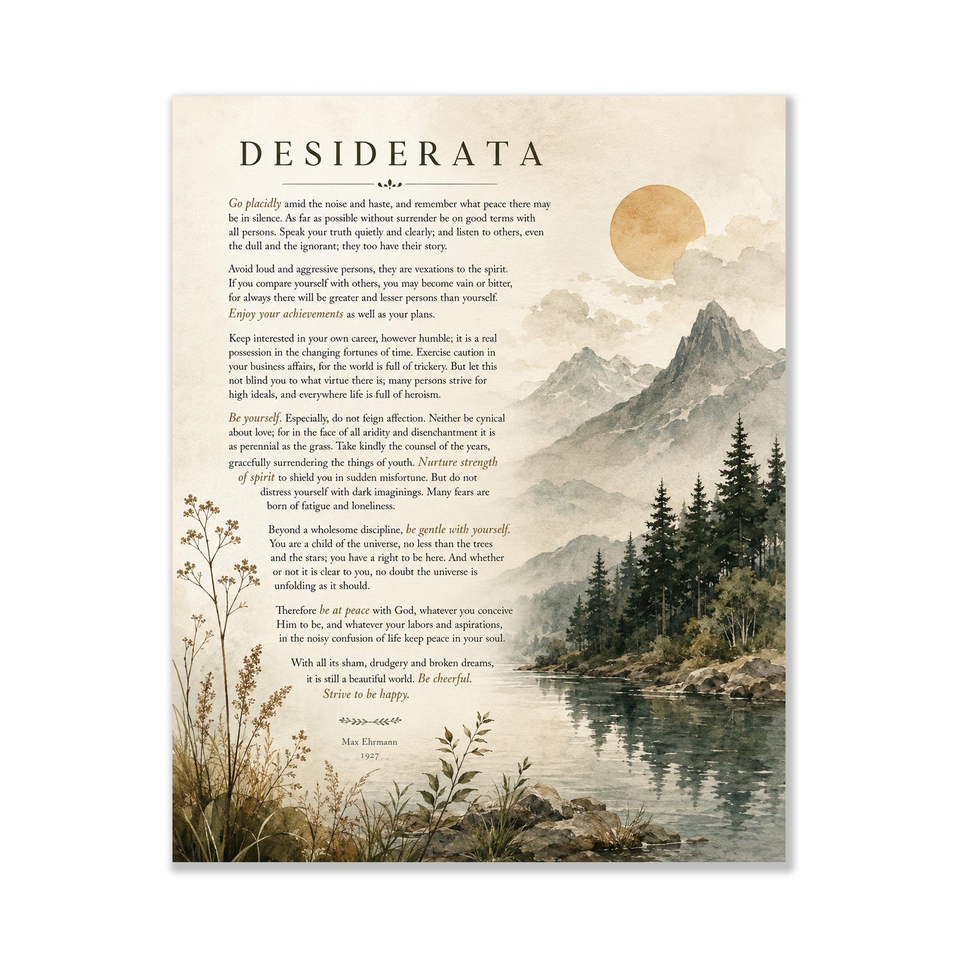 Desiderata Wall Art Print | Go Placidly Amid The Noise | Max Ehrmann Poem | Mountain Landscape | Literary Book | Inspirational Home Decor