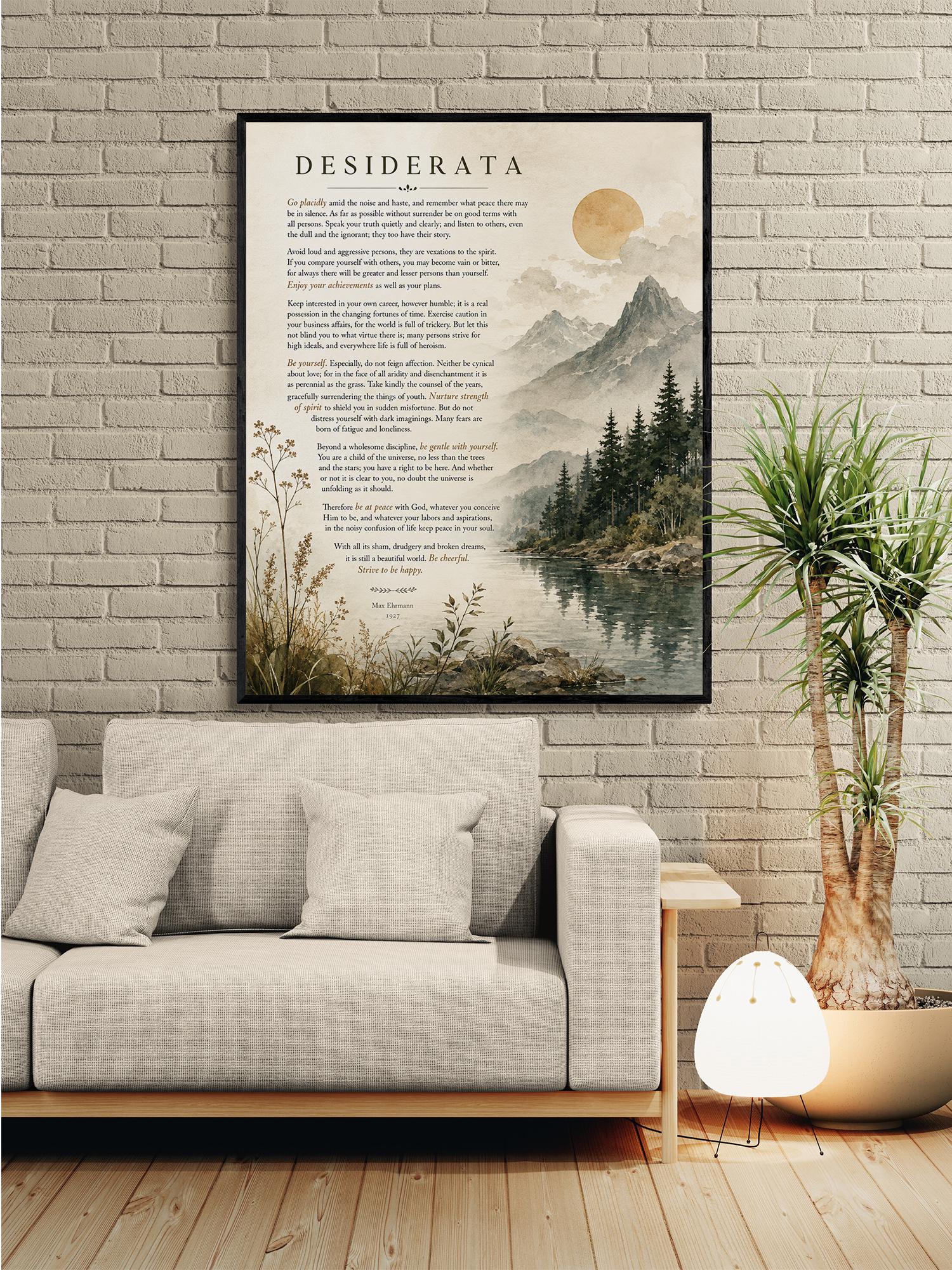 Desiderata Wall Art Print | Go Placidly Amid The Noise | Max Ehrmann Poem | Mountain Landscape | Literary Book | Inspirational Home Decor