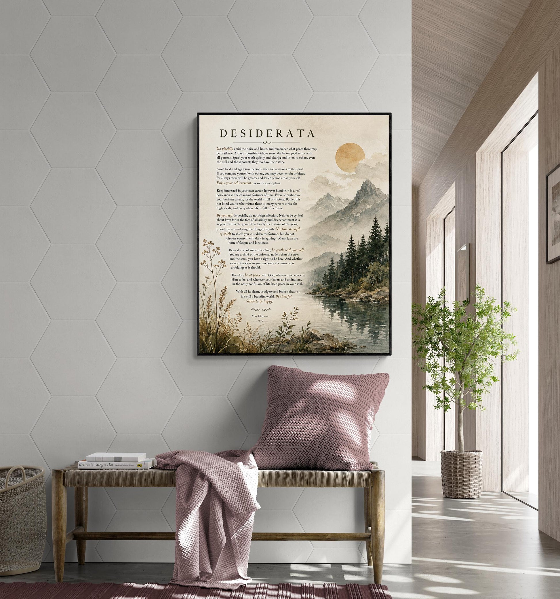 Desiderata Wall Art Print | Go Placidly Amid The Noise | Max Ehrmann Poem | Mountain Landscape | Literary Book | Inspirational Home Decor
