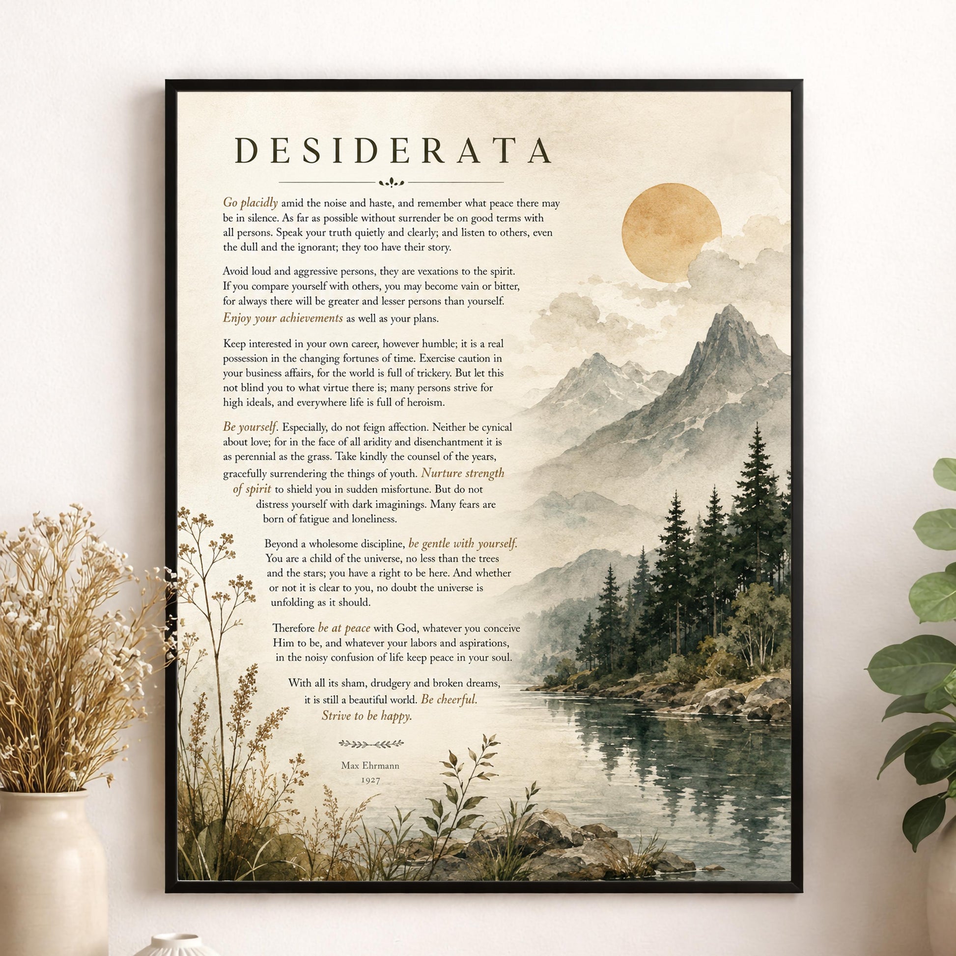 Desiderata Wall Art Print | Go Placidly Amid The Noise | Max Ehrmann Poem | Mountain Landscape | Literary Book | Inspirational Home Decor