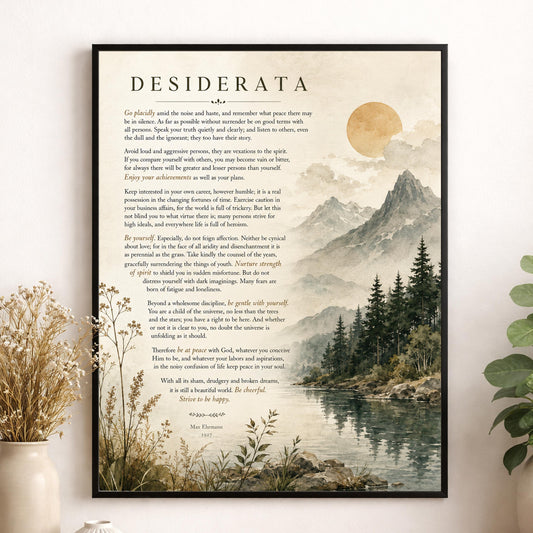 Desiderata Wall Art Print | Go Placidly Amid The Noise | Max Ehrmann Poem | Mountain Landscape | Literary Book | Inspirational Home Decor