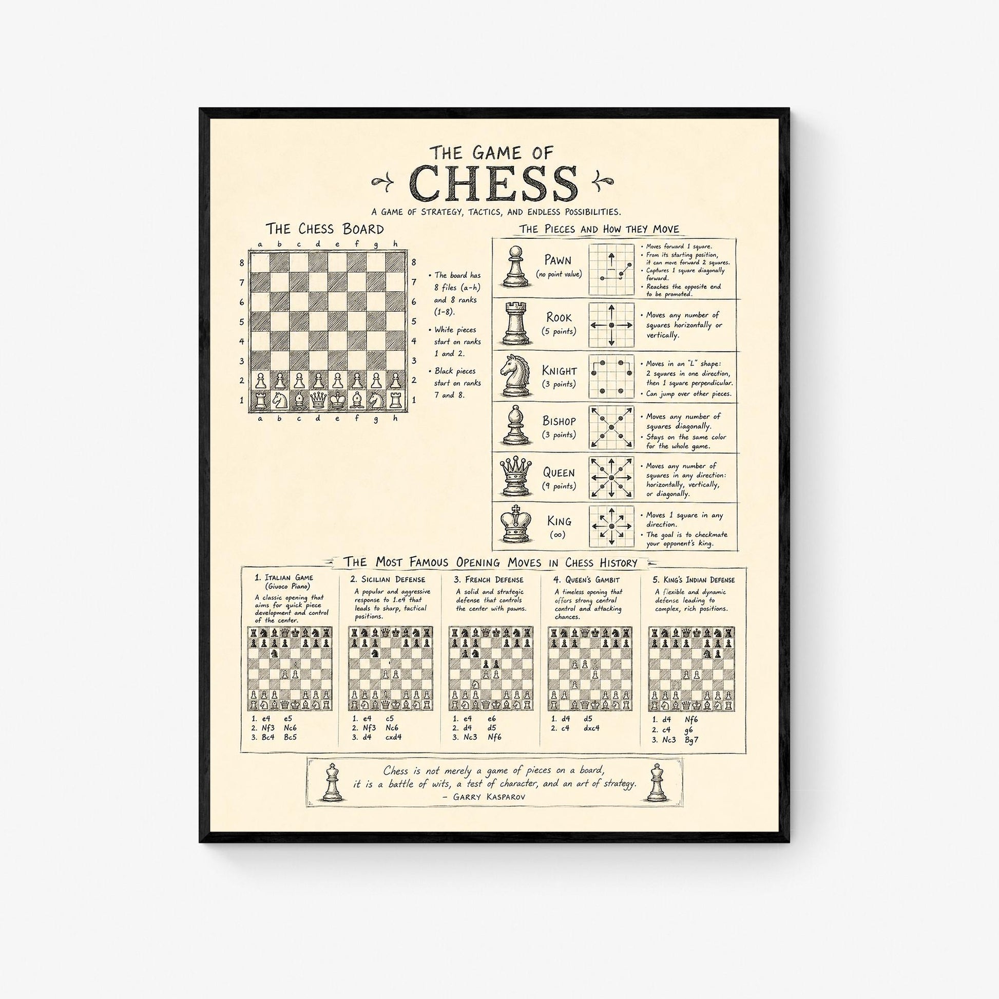 Chess Strategy Wall Art Print | Vintage Diagram Poster | Intellectual Home Decor | Chess Opening Moves Gift