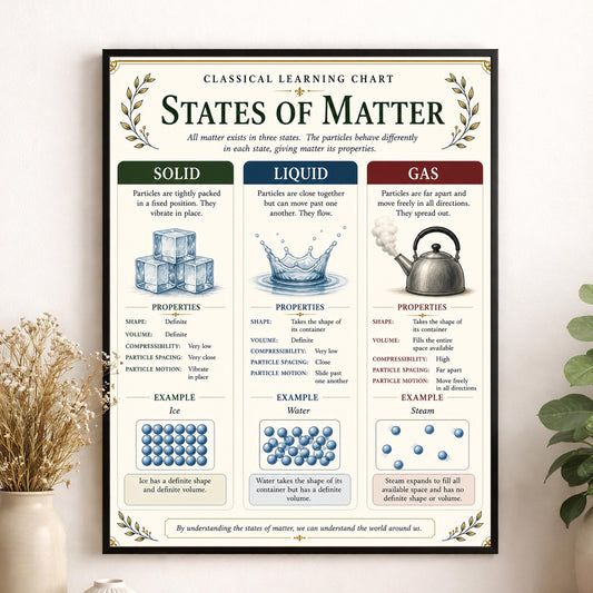 States of Matter Chart Wall Art Print, Classical Learning Poster, Teacher Classroom Reference, Homeschool, Science Physics Room Decor