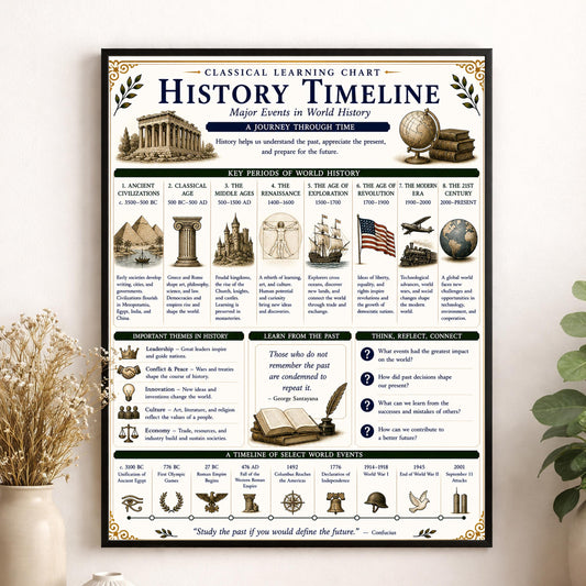 World History Timeline Chart Wall Art Print, Classical Learning Poster, Teacher Classroom Reference, Homeschool, Civilization Room Decor