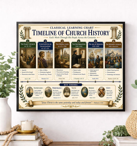 Church History Timeline Chart Wall Art Print, Classical Learning Poster, Teacher Classroom Reference, Homeschool, Christian Room Decor