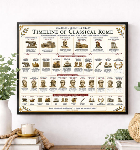 Classical Rome Timeline Chart Wall Art Print, Classical Learning Poster, History Teacher Classroom Reference, Homeschool, Roman Room Decor