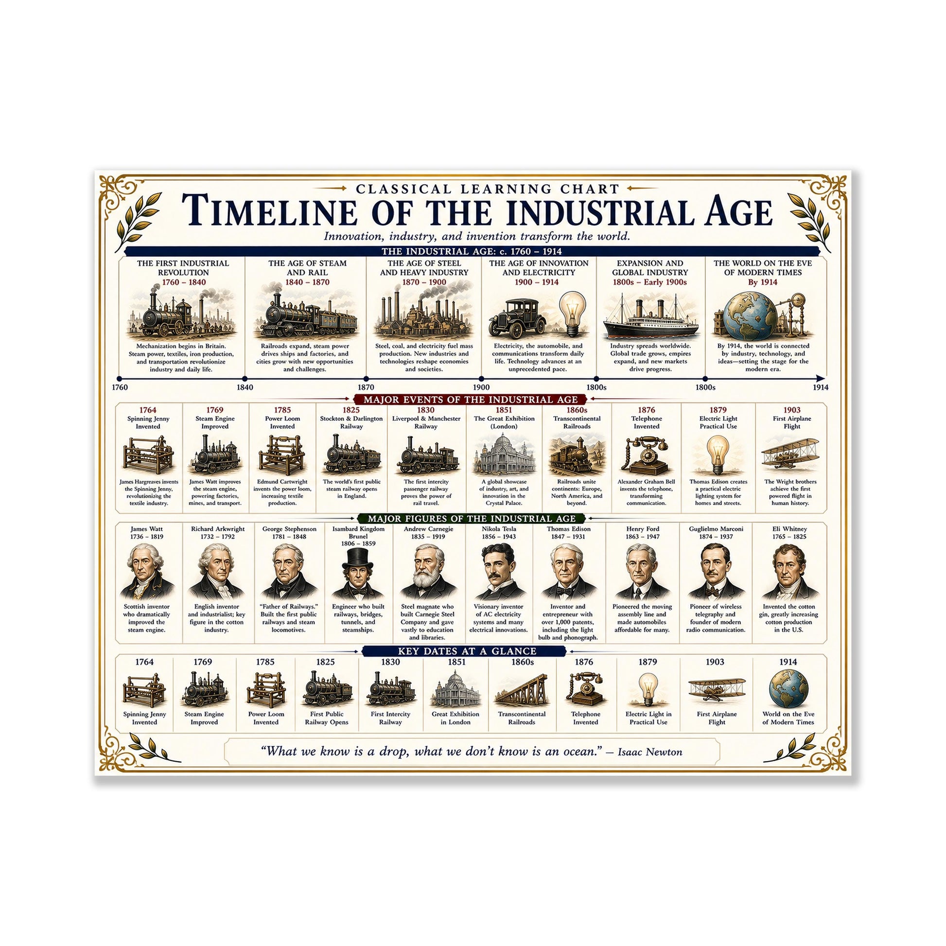 Industrial Revolution Timeline Chart Wall Art Print, Classical Learning Poster, History Teacher Classroom Reference, Homeschool, Room Decor