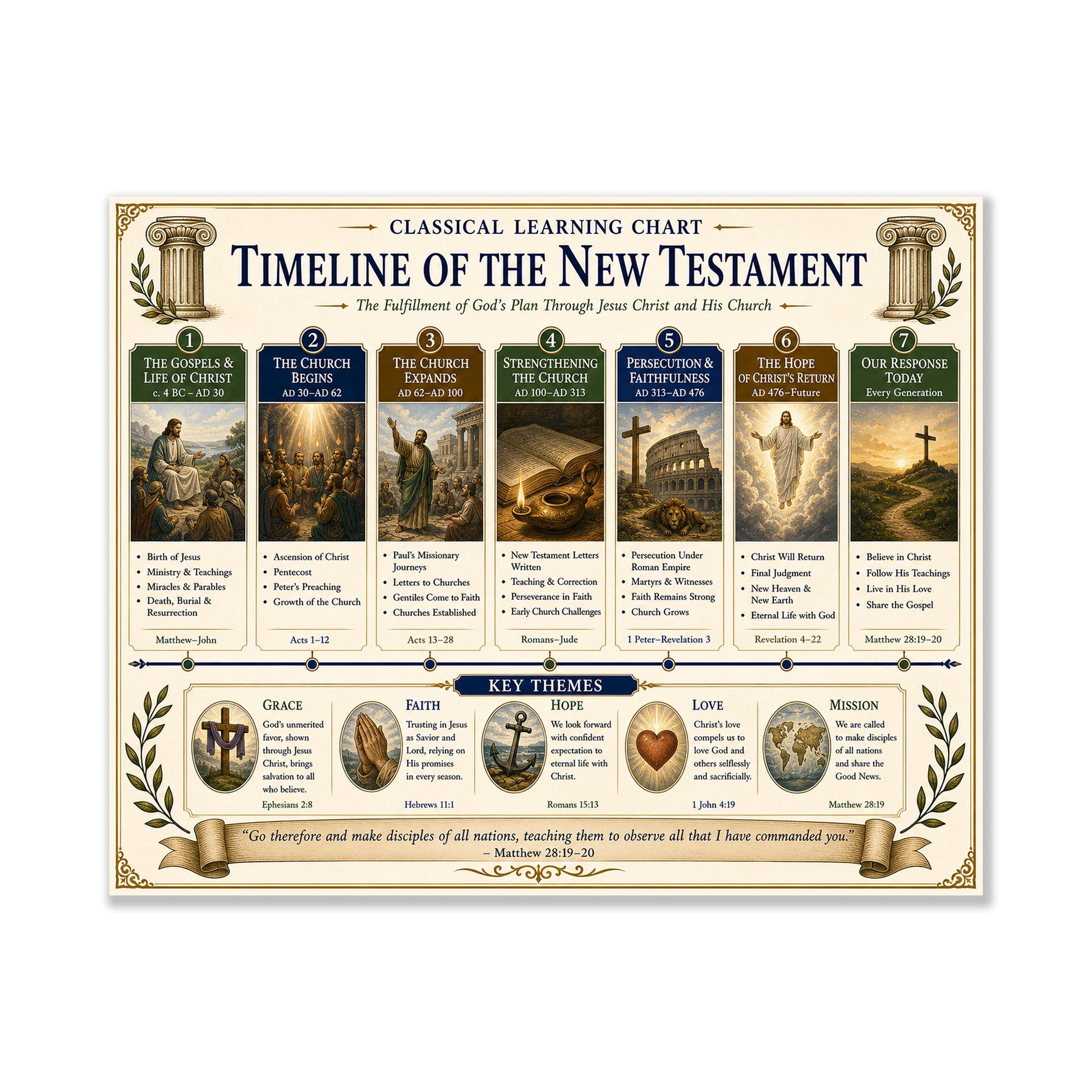 Timeline of the New Testament Chart Wall Art Print, Classical Learning Poster, History Teacher Classroom Reference, Homeschool, Room Decor
