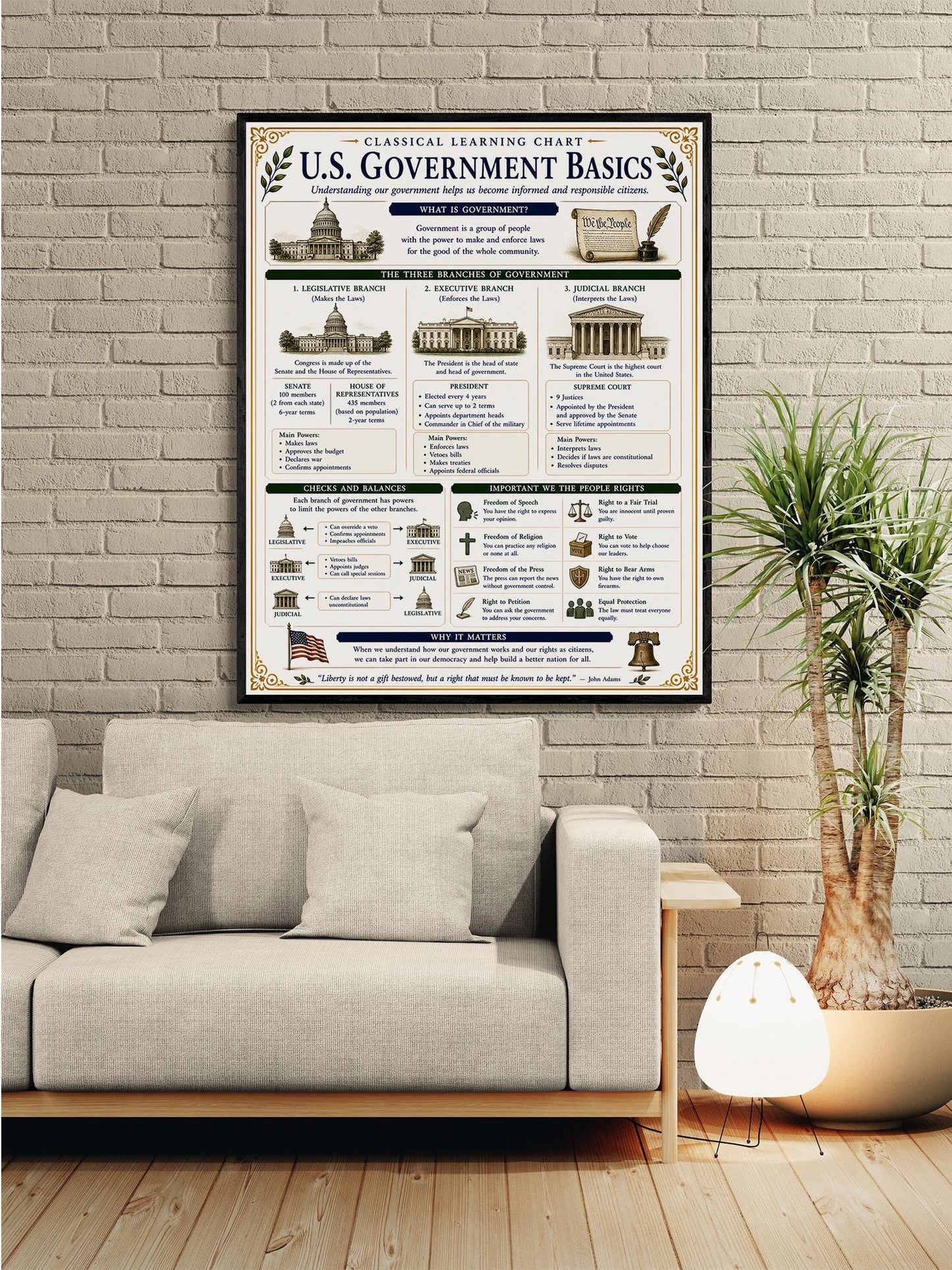 Basics of US Government Chart Wall Art Print, Classical Learning Poster, History Teacher Classroom Reference, Homeschool, Civics Room Decor
