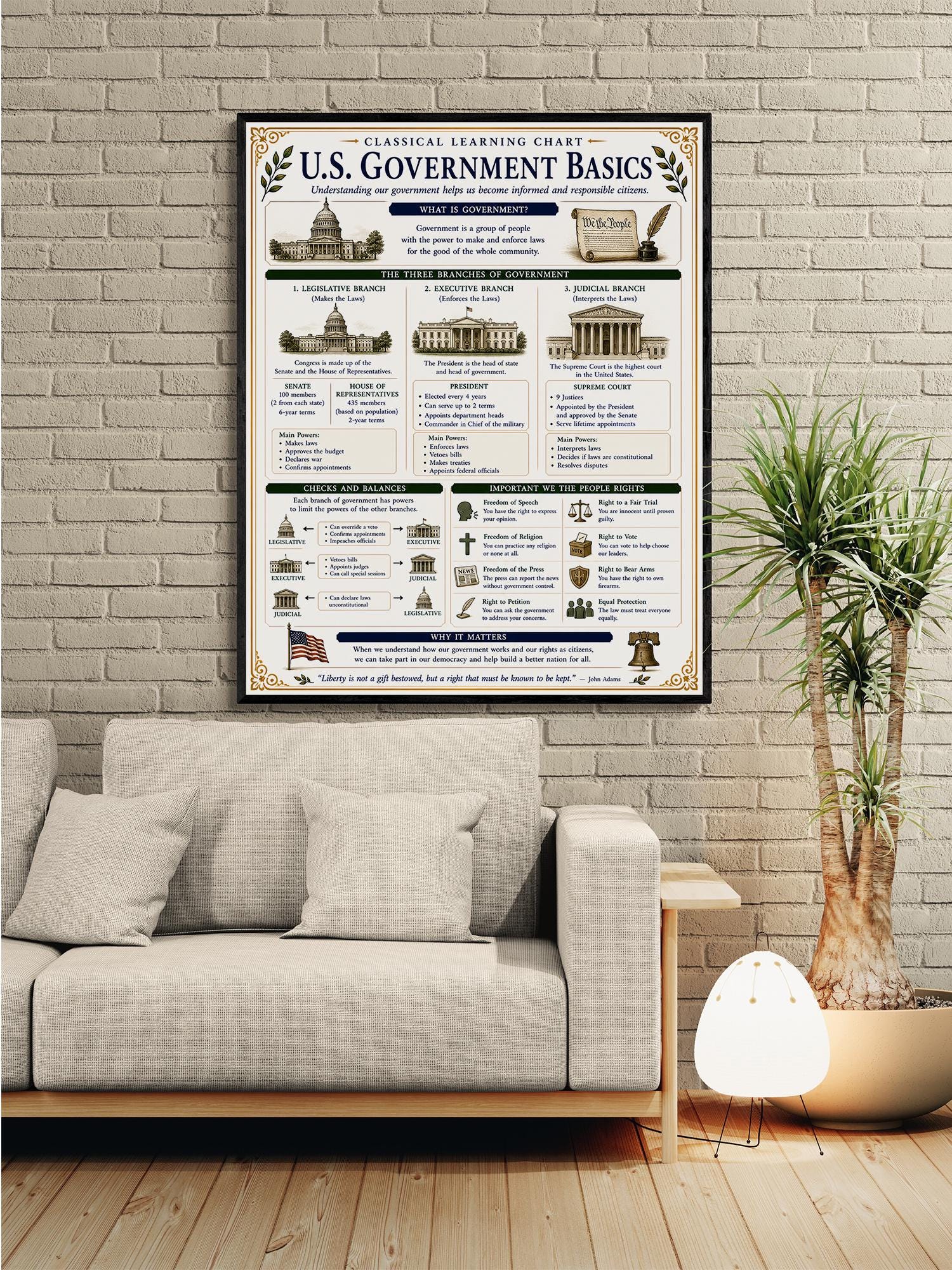 Basics of US Government Chart Wall Art Print, Classical Learning Poster, History Teacher Classroom Reference, Homeschool, Civics Room Decor
