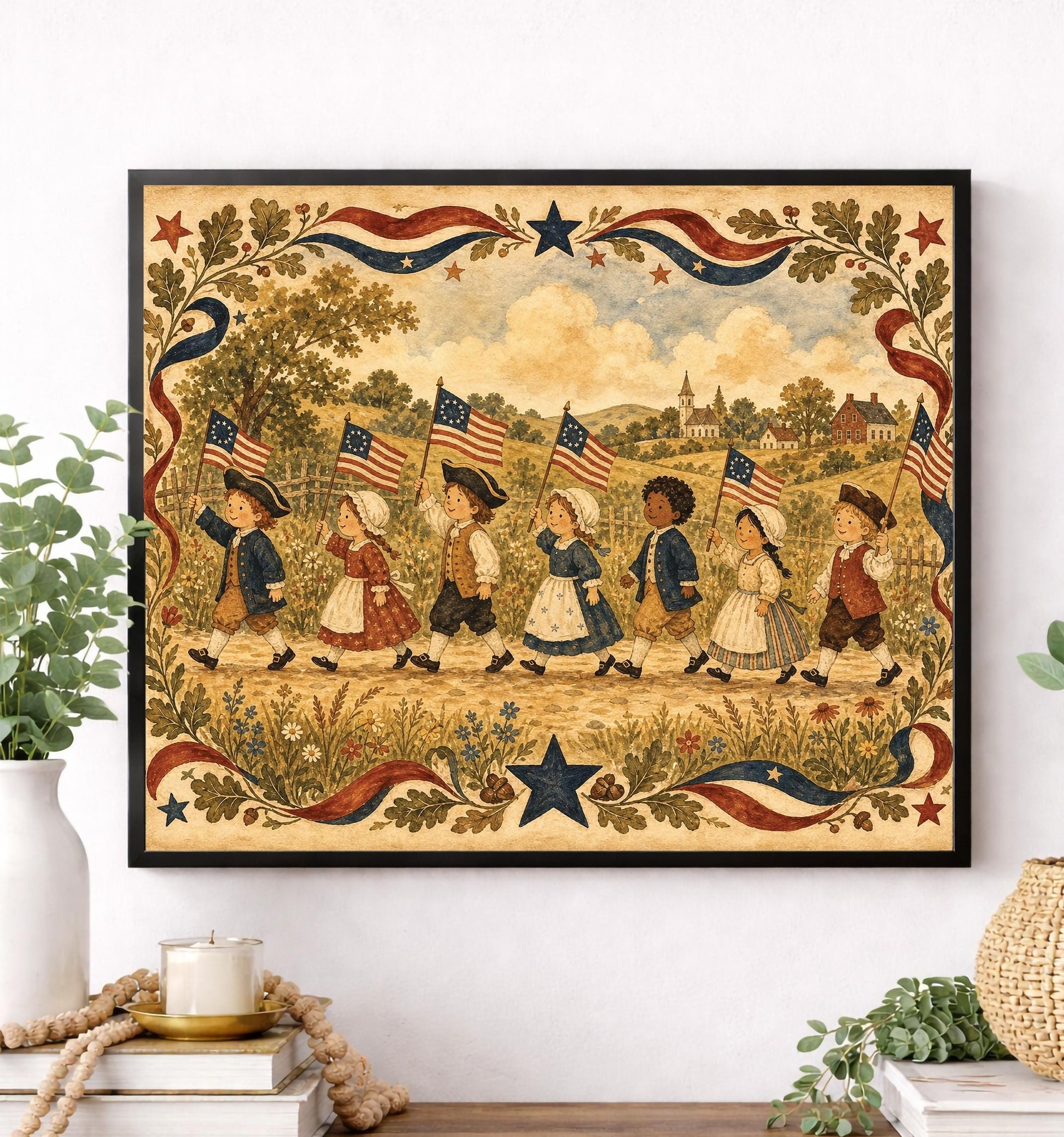 Patriotic Colonial Children Parade Wall Art Print, Americana Home Decor, Vintage Folk Artwork, Fourth of July Cottage Gift