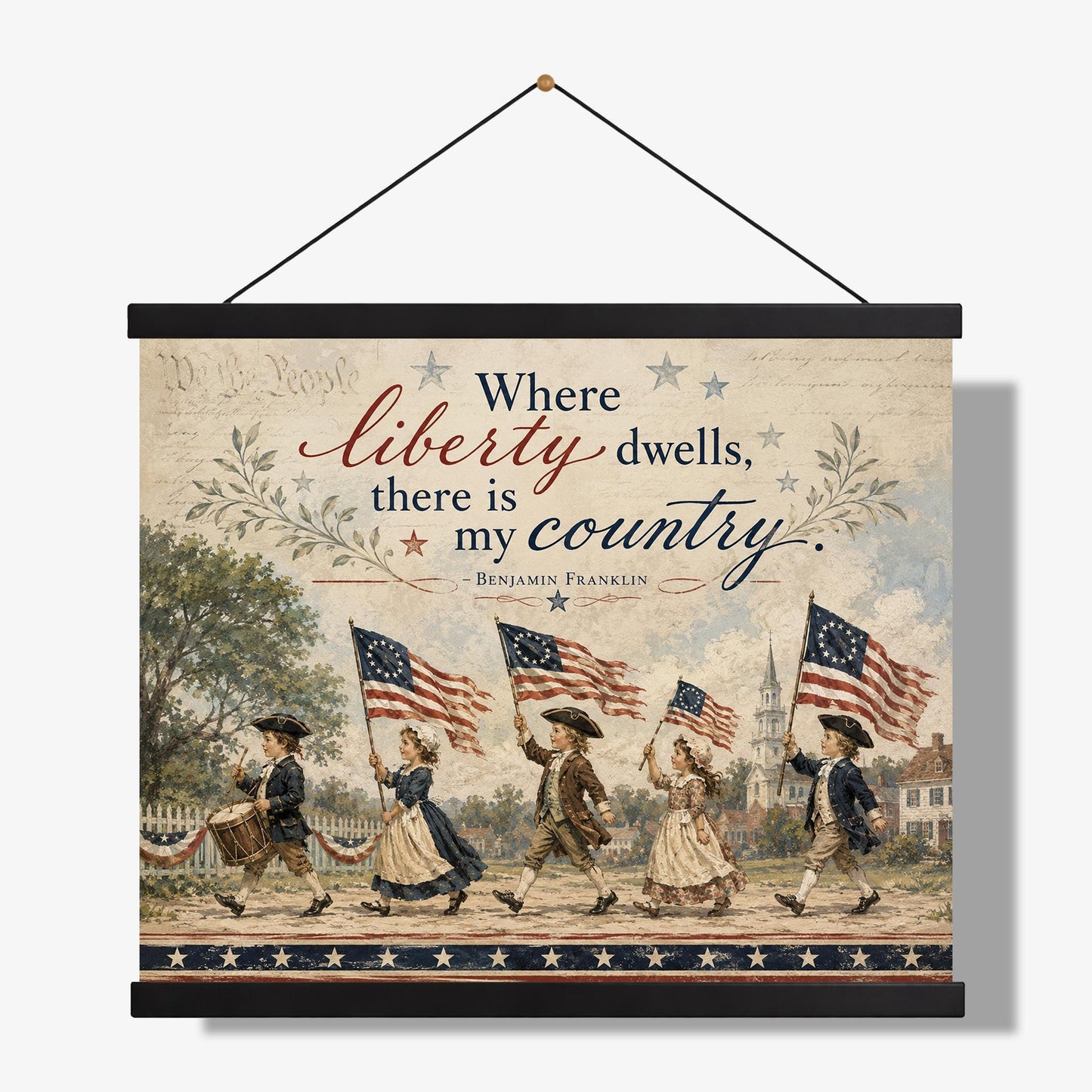 Patriotic Colonial Children Wall Art Print, Benjamin Franklin Liberty Quote, Americana Home Decor, Vintage Folk, Fourth of July Cottage Gift