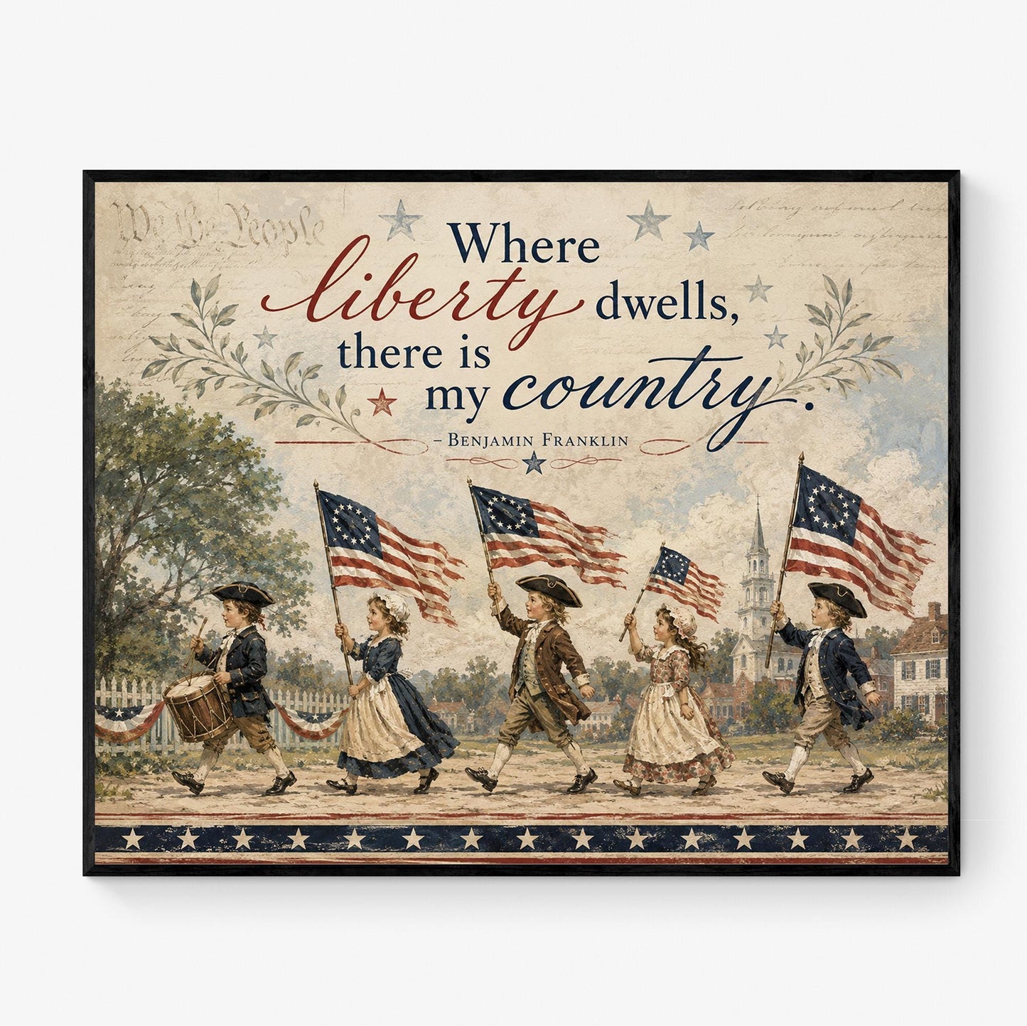 Patriotic Colonial Children Wall Art Print, Benjamin Franklin Liberty Quote, Americana Home Decor, Vintage Folk, Fourth of July Cottage Gift