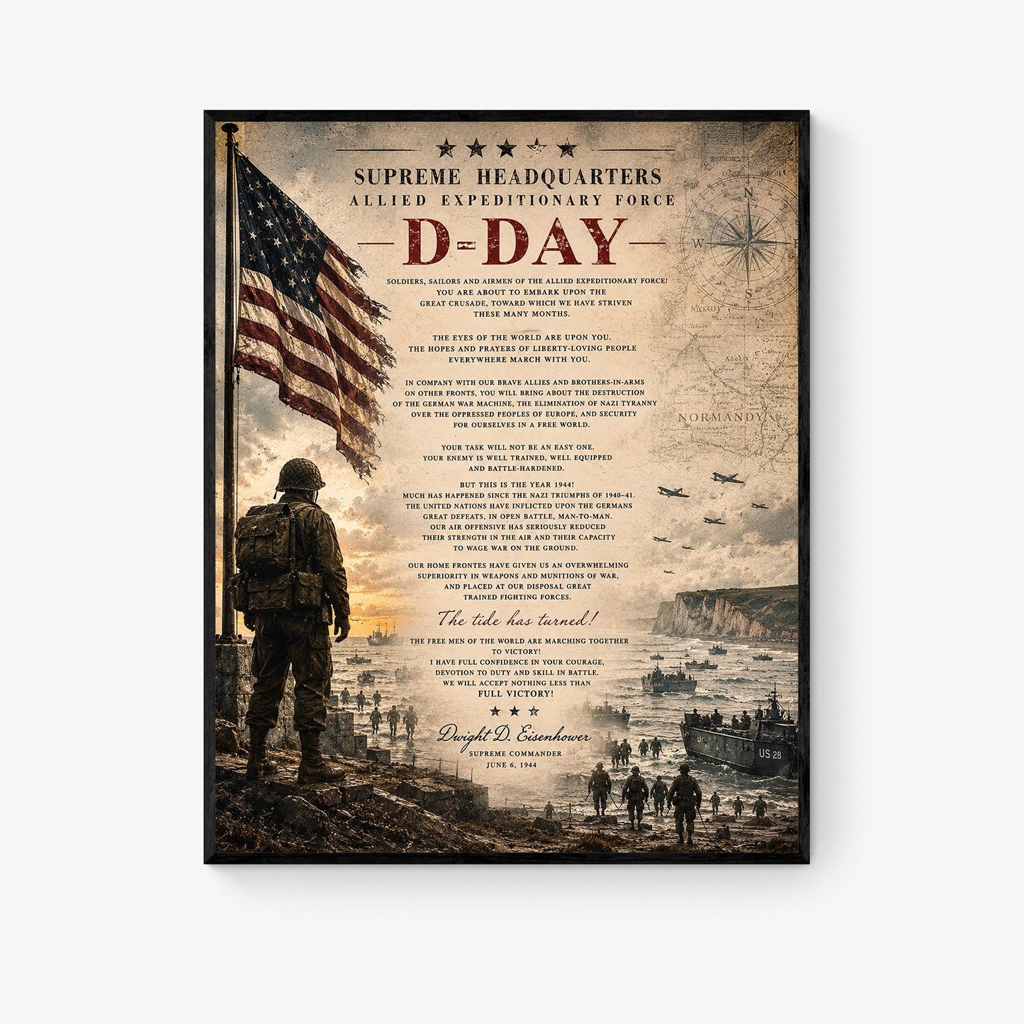 D-Day Eisenhower Order of the Day Wall Art Print | Normandy Invasion | Historical WWII | Vintage Patriotic Home Decor | Military Speech
