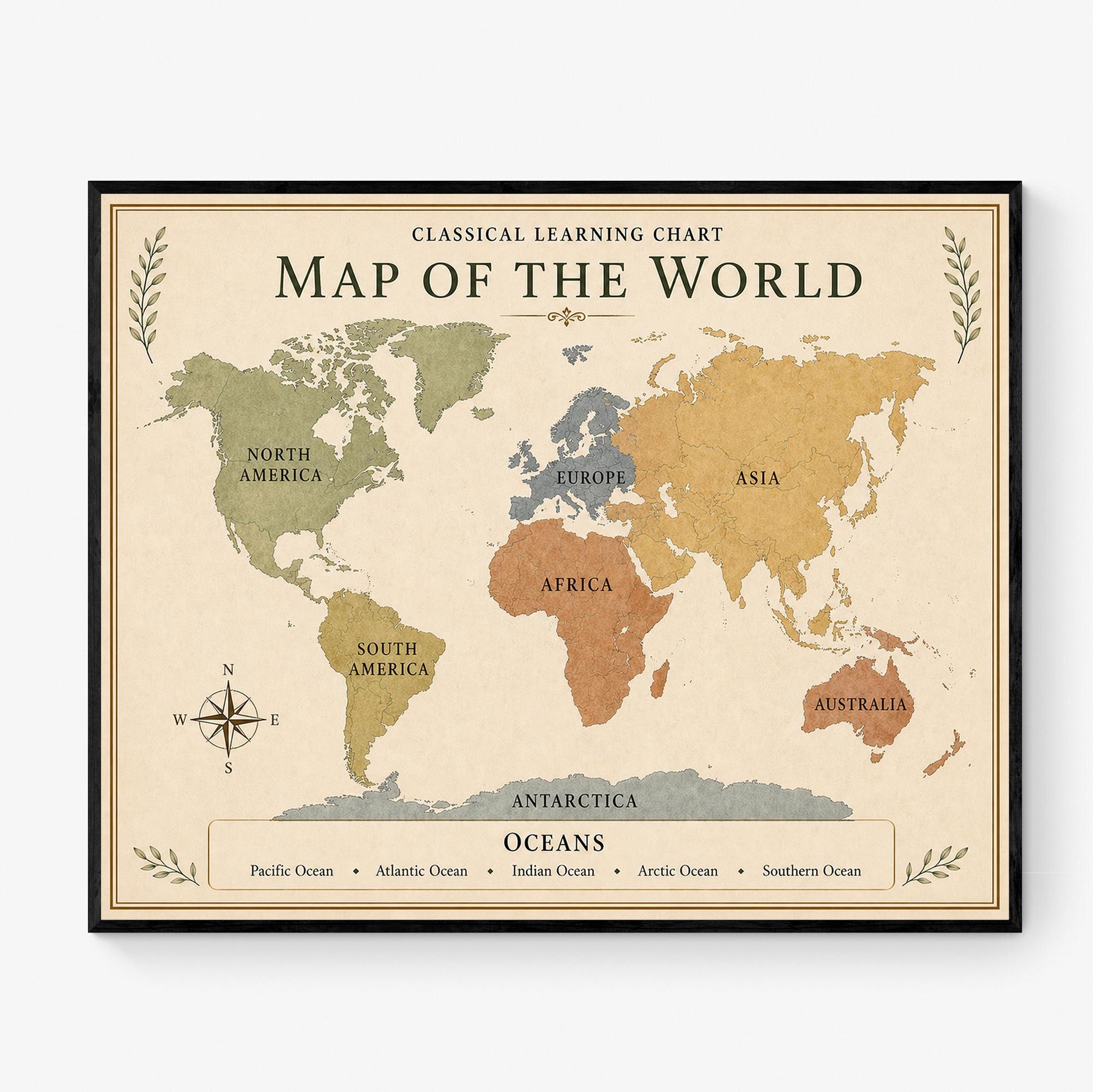World Map Chart Wall Art Print, Classical Learning Poster, Science Geography Teacher Classroom Reference, Homeschool, Study Room Decor