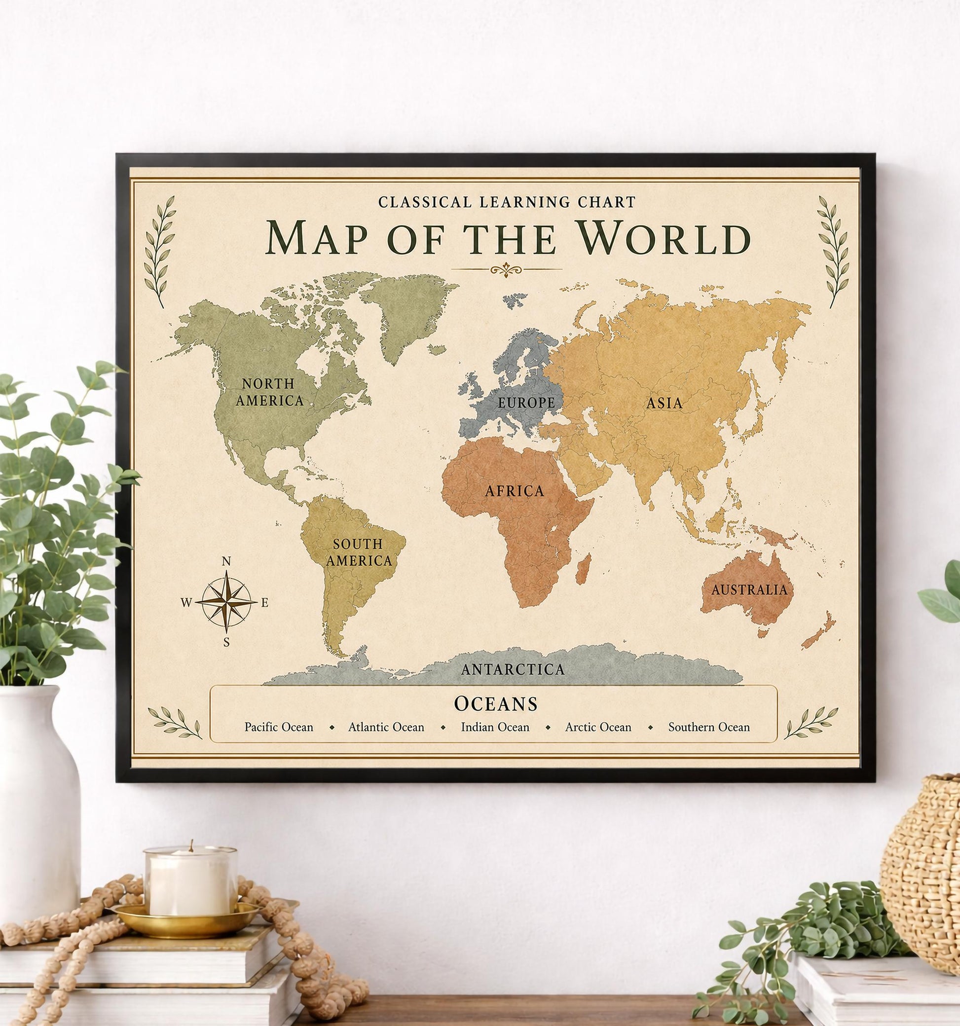World Map Chart Wall Art Print, Classical Learning Poster, Science Geography Teacher Classroom Reference, Homeschool, Study Room Decor