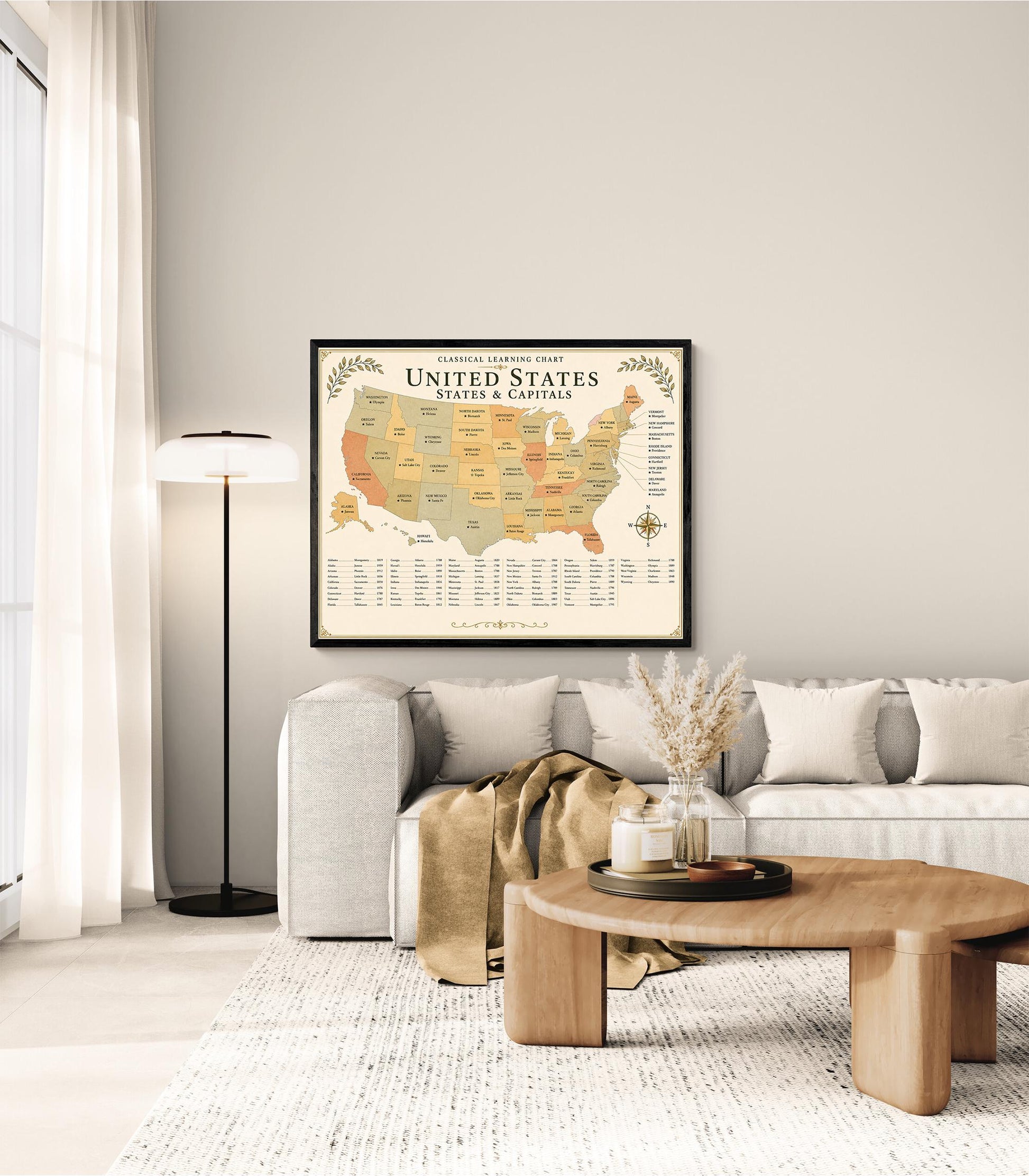 United States Capitals Map Chart Wall Art Print, Classical Learning Poster, Geography Teacher Classroom Reference, Homeschool, Room Decor