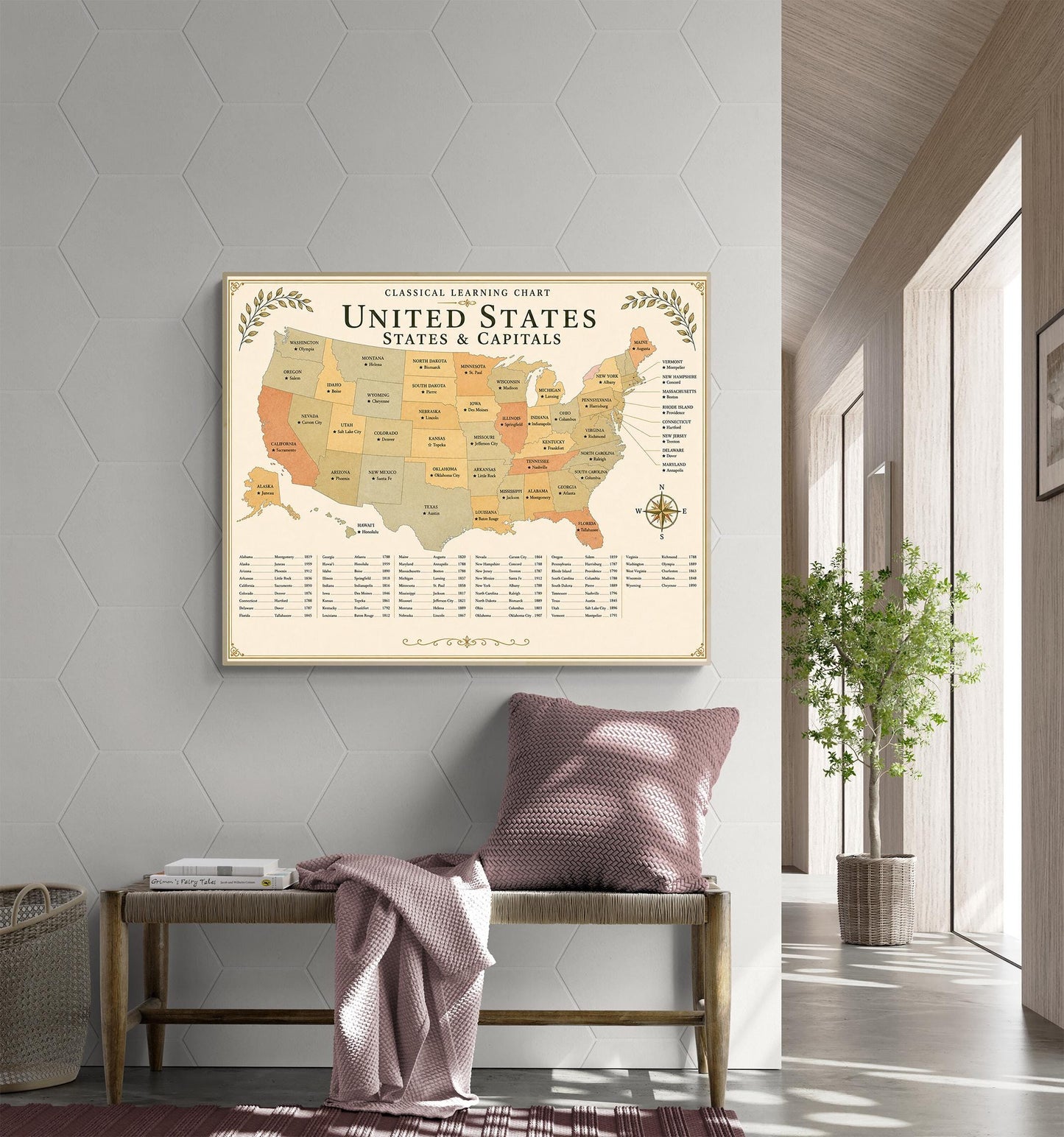 United States Capitals Map Chart Wall Art Print, Classical Learning Poster, Geography Teacher Classroom Reference, Homeschool, Room Decor