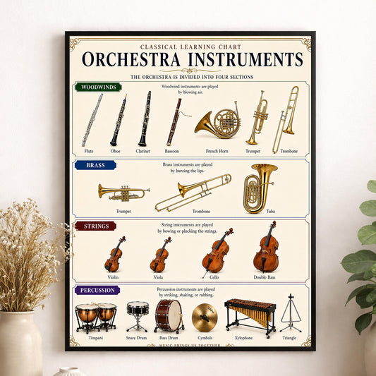 Orchestra Instruments Chart Wall Art Print, Classical Learning Poster, Teacher Classroom Reference, Homeschool, Study Music Room Decor