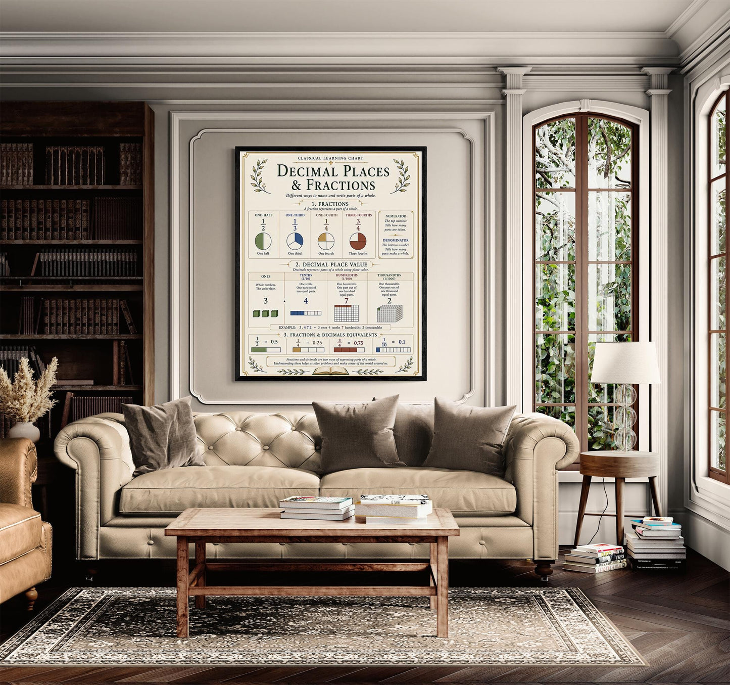 Decimal Places And Fractions Chart Wall Art Print, Classical Learning Poster, Math Teacher Classroom Reference, Homeschool, Study Room Decor