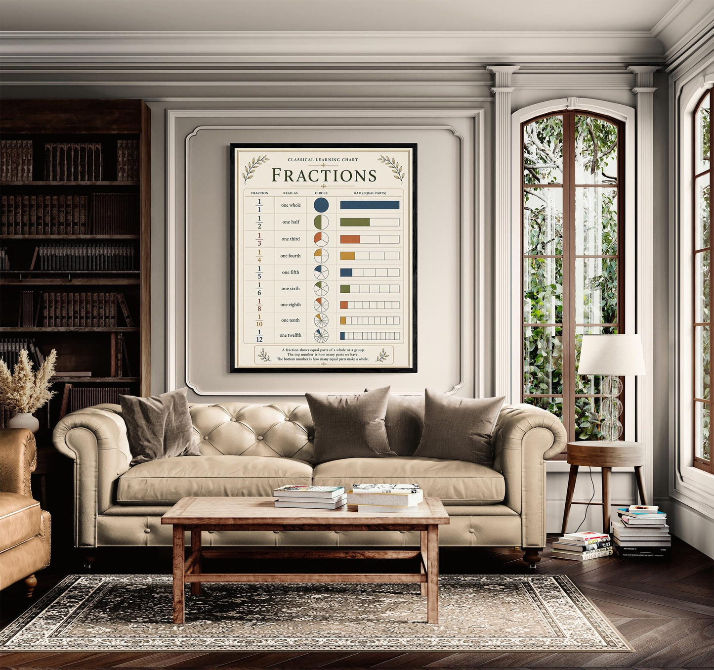 Fractions Chart Wall Art Print, Classical Learning Poster, Math Teacher Classroom Reference, Homeschool, Elementary School Room Decor