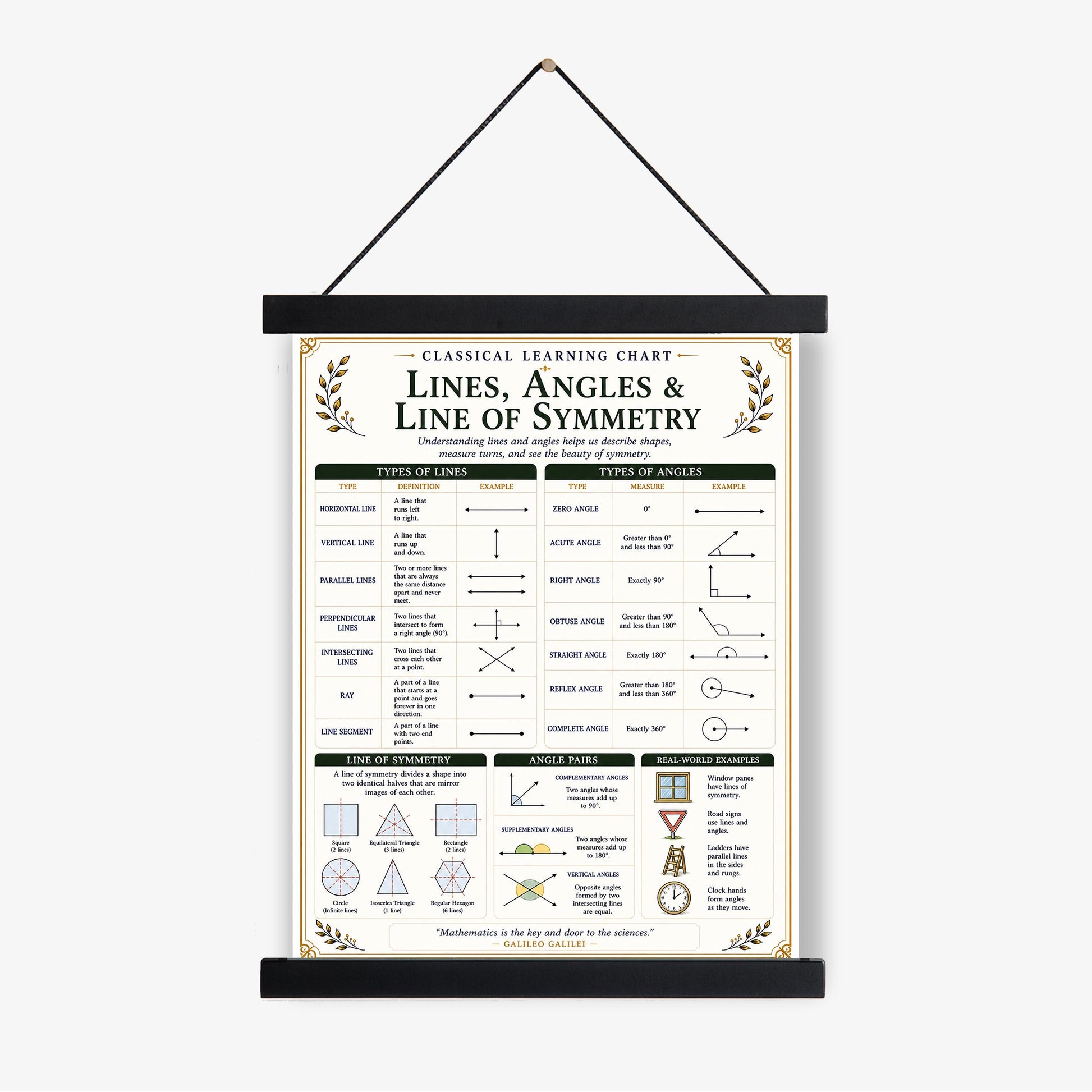 Lines Angles Symmetry Chart Wall Art Print, Classical Learning Poster, Math Teacher Classroom Reference, Homeschool, Elementary Room Decor