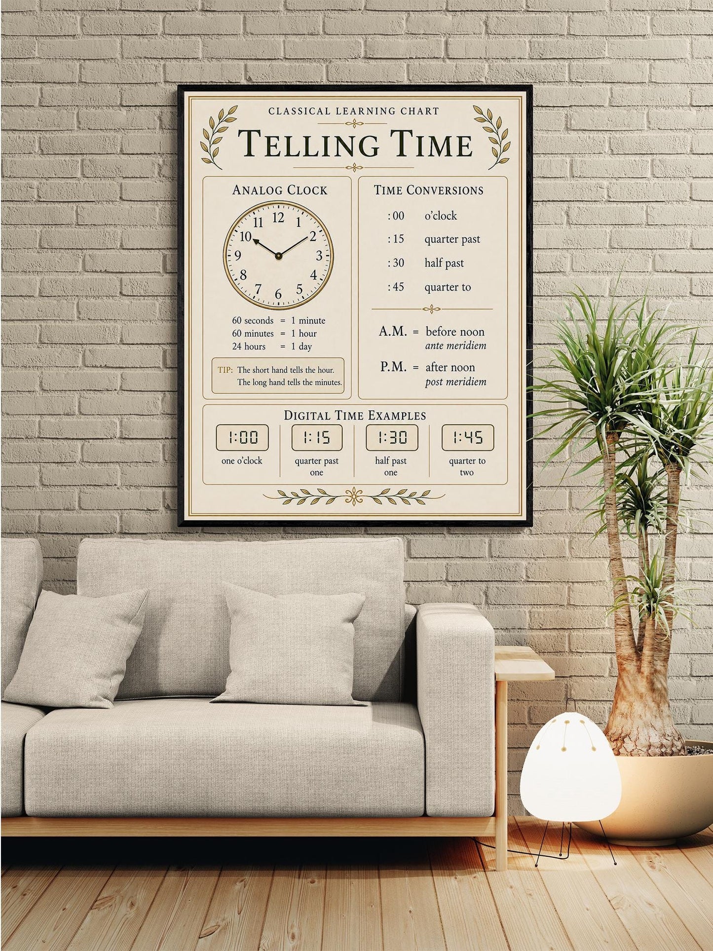 Telling Time Chart Wall Art Print, Classical Learning Poster, Math Teacher Classroom Reference, Homeschool, Clock Kids Room Decor