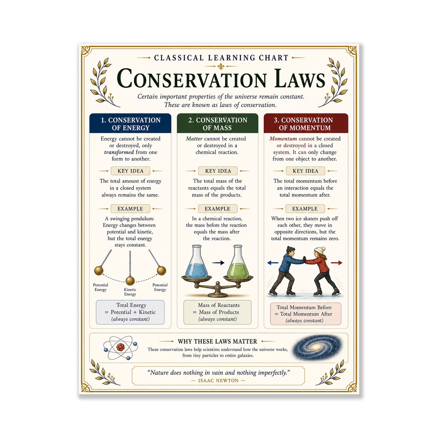 Conservation Laws Chart Wall Art Print, Classical Learning Poster, STEM Teacher Classroom Reference, Homeschool, Science Physics Room Decor