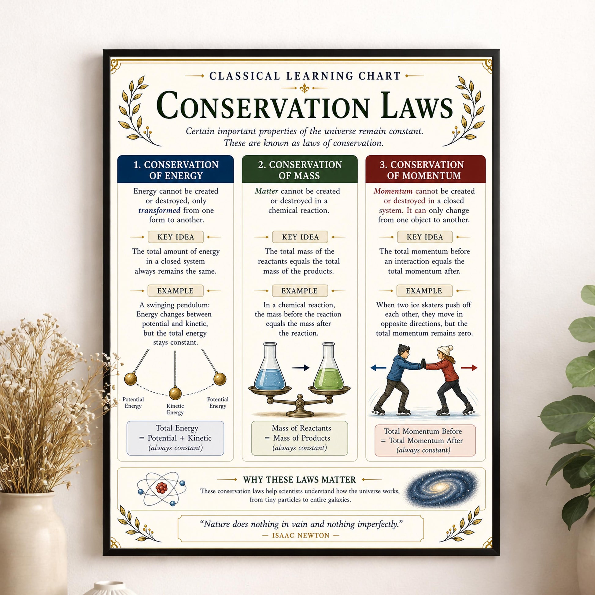 Conservation Laws Chart Wall Art Print, Classical Learning Poster, STEM Teacher Classroom Reference, Homeschool, Science Physics Room Decor