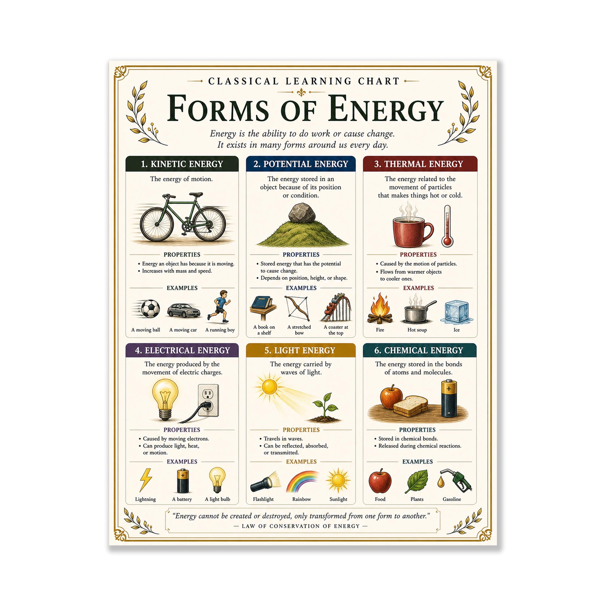 Forms of Energy Chart Wall Art Print, Classical Learning Poster, STEM Teacher Classroom Reference, Homeschool, Science Physics Room Decor