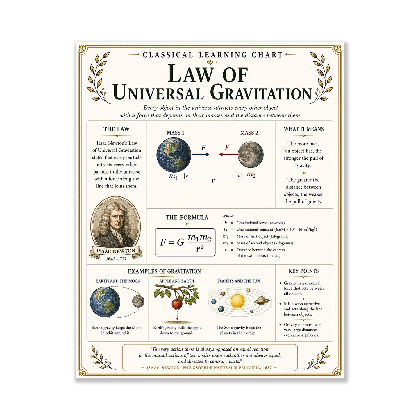 Law of Universal Gravitation Chart Wall Art Print, Classical Learning Poster, Teacher Classroom Reference, Homeschool, Science Room Decor
